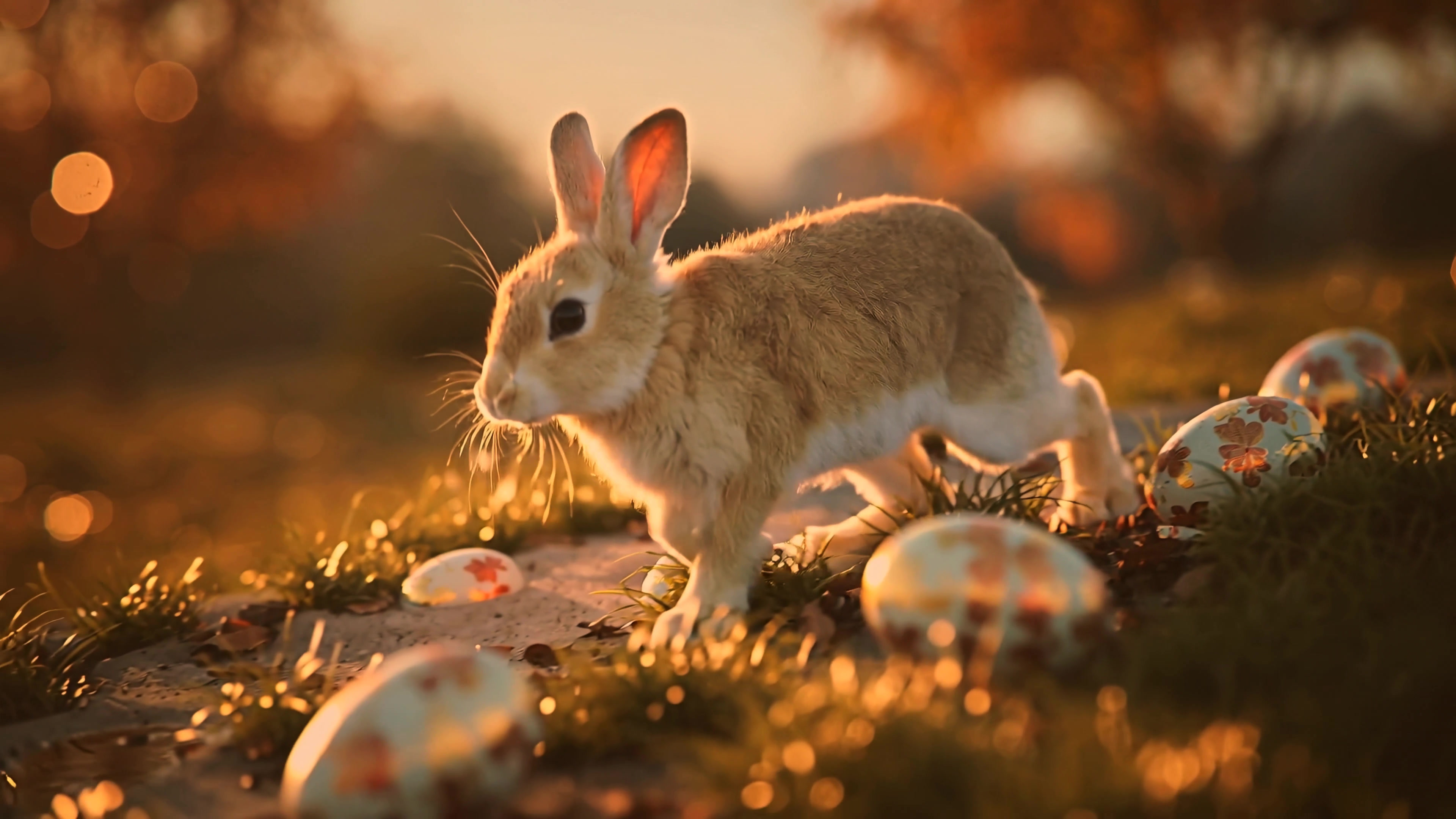 Rabbit explores a field of colorful eggs during a warm evening in springtime