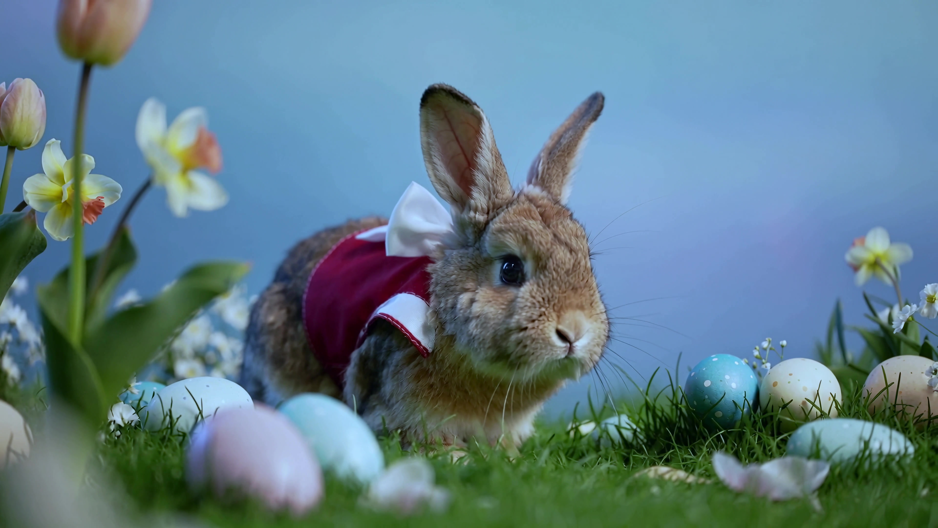 Bunny exploring a garden filled with colorful eggs and flowers during springtime