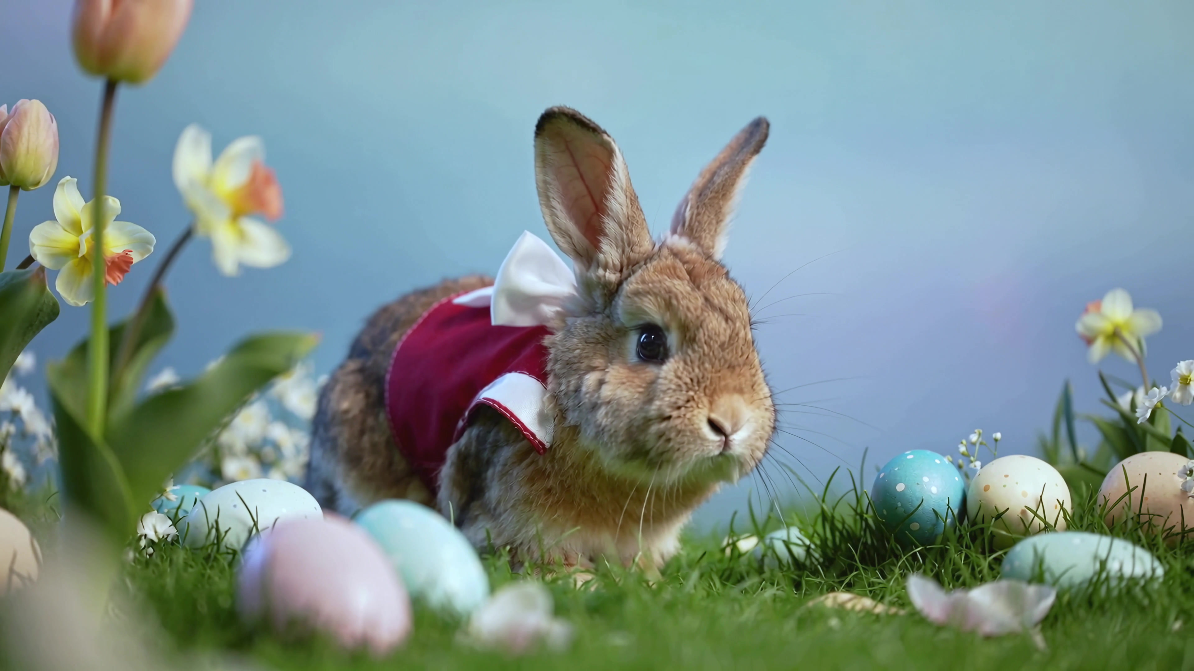 Rabbit explores a colorful garden during Easter festivities with flowers and decorated eggs