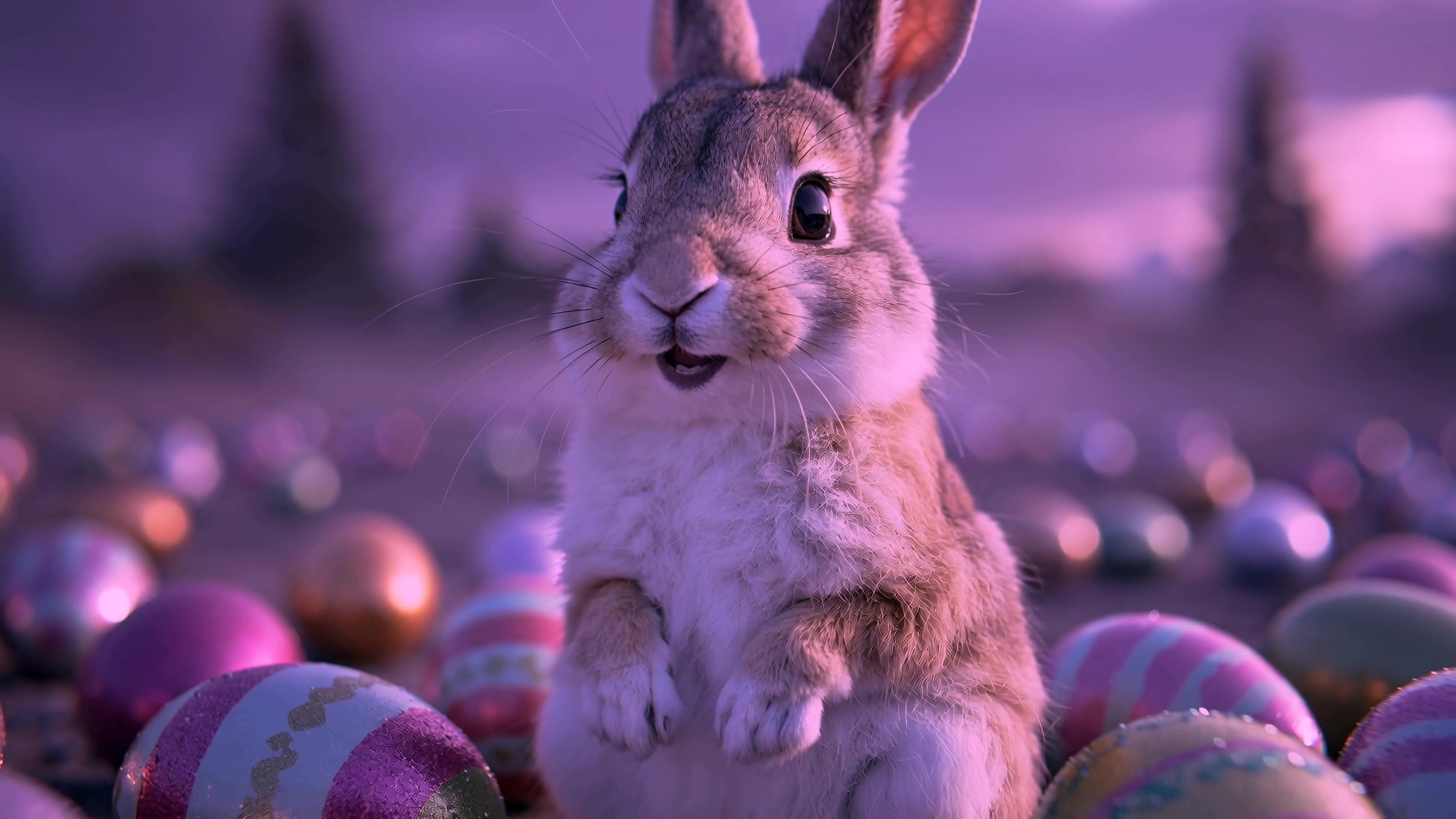Rabbit explores colorful eggs in a spring landscape during evening light