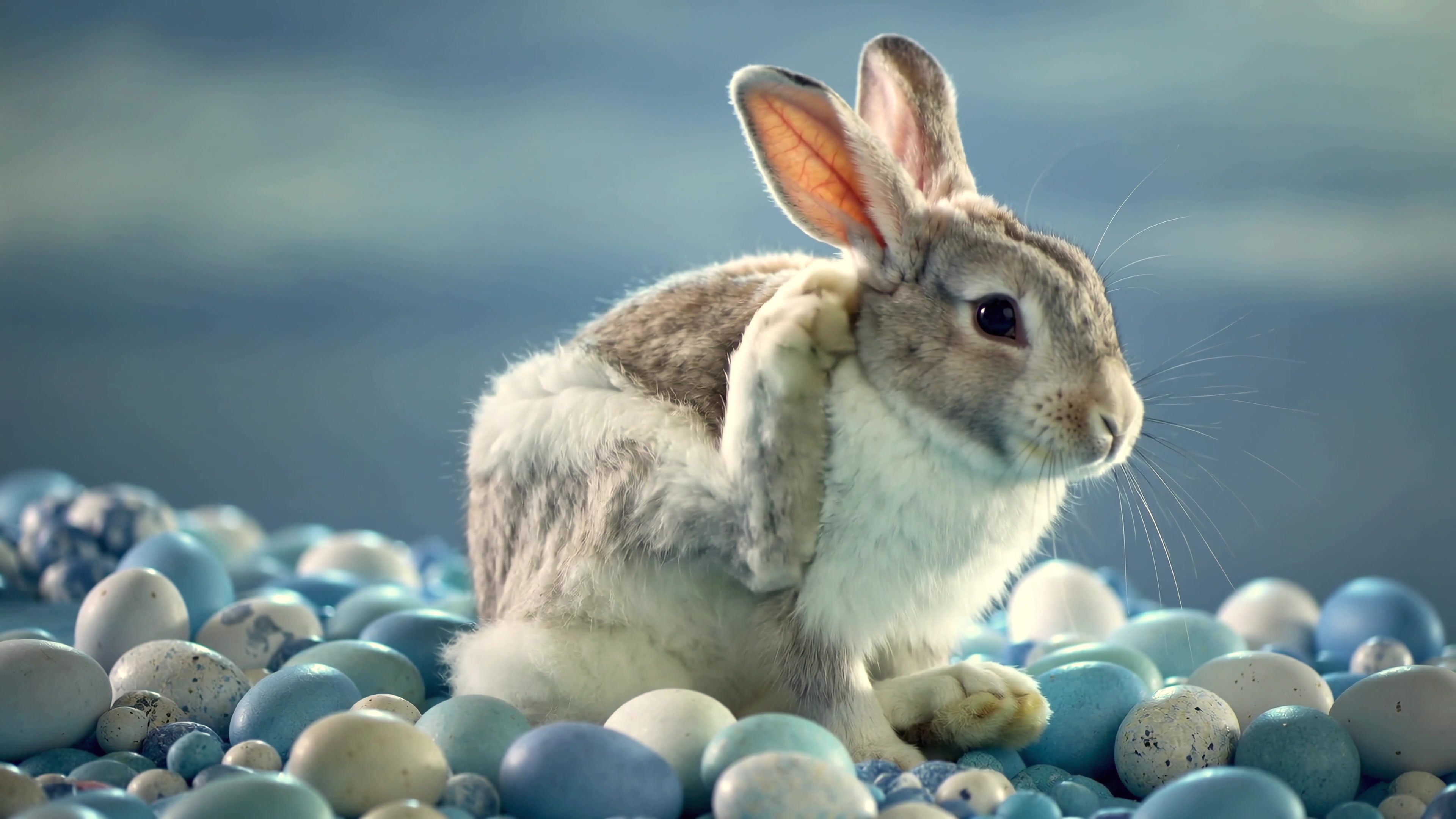 Rabbit sits among colored eggs near water on a calm day