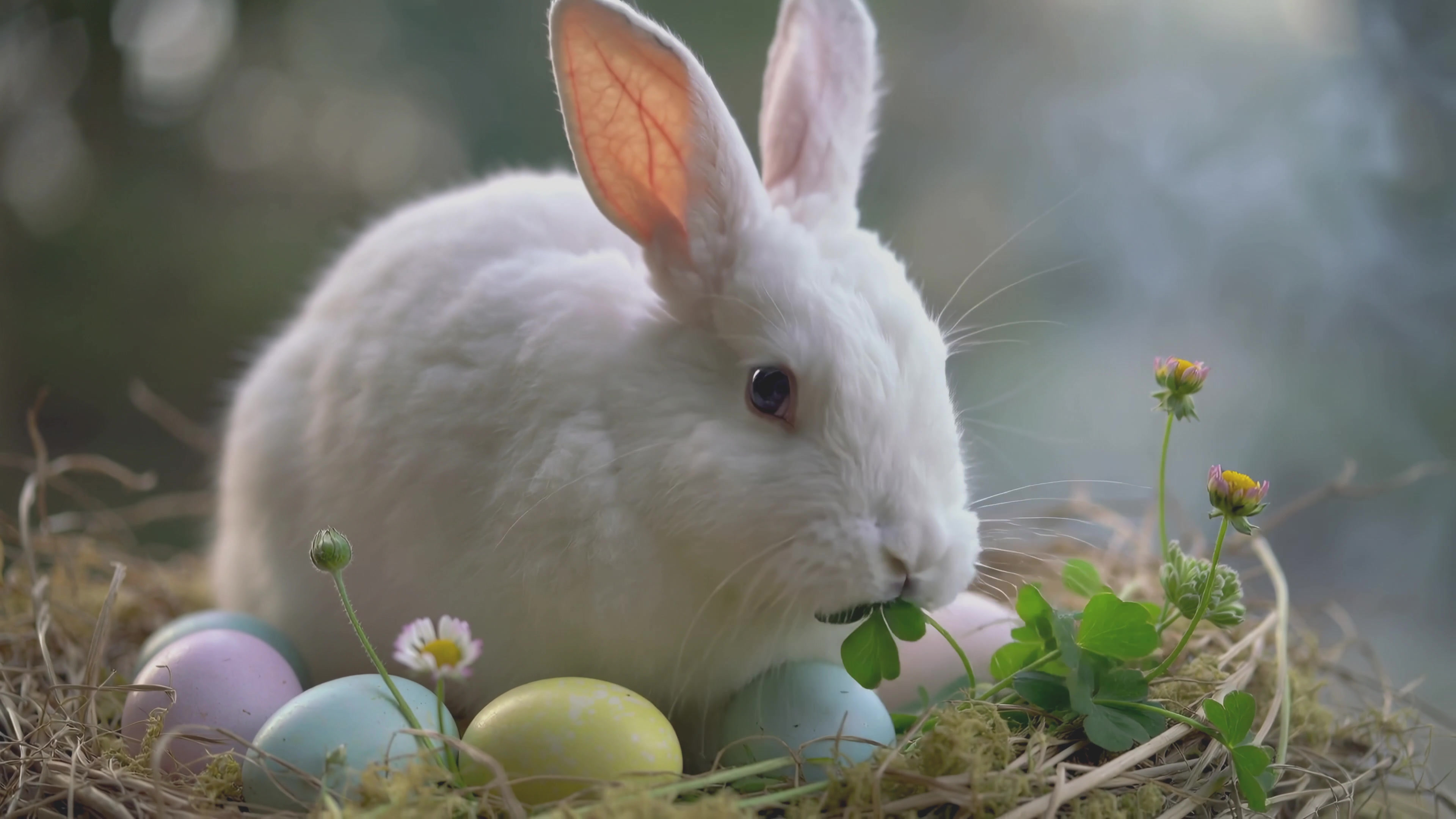 White rabbit eats grass among colored eggs in a nest with flowers on a sunny day