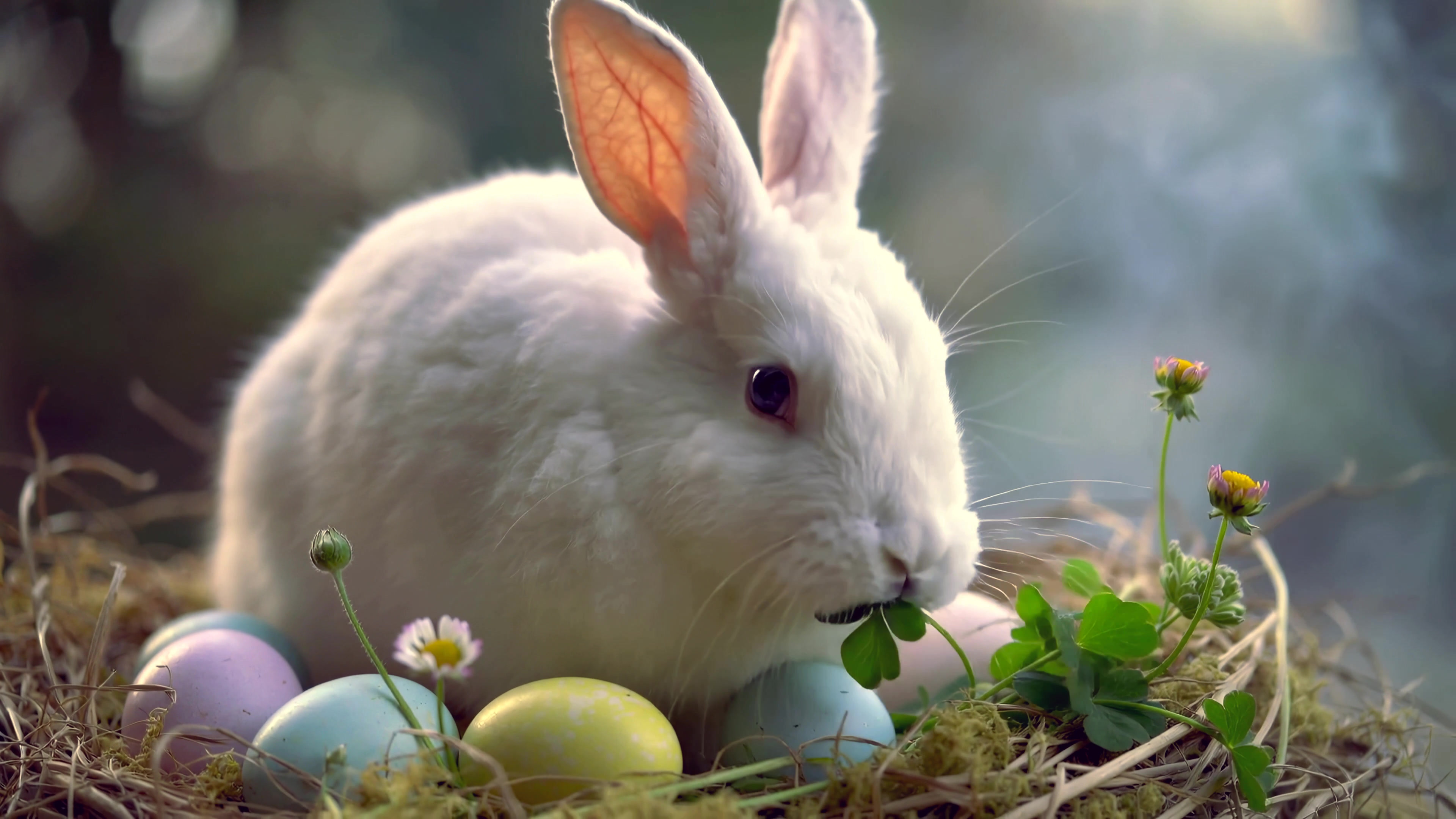 White rabbit sits in a nest with colorful eggs and flowers during spring season