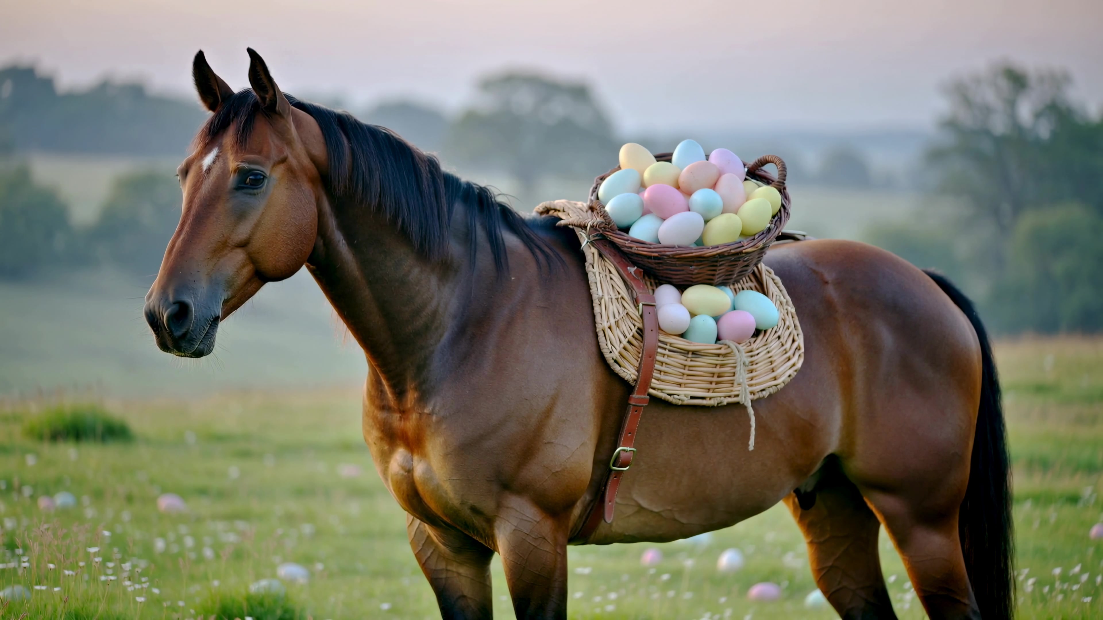 Horse carries basket of colorful eggs through an open field at sunset during Easter celebration