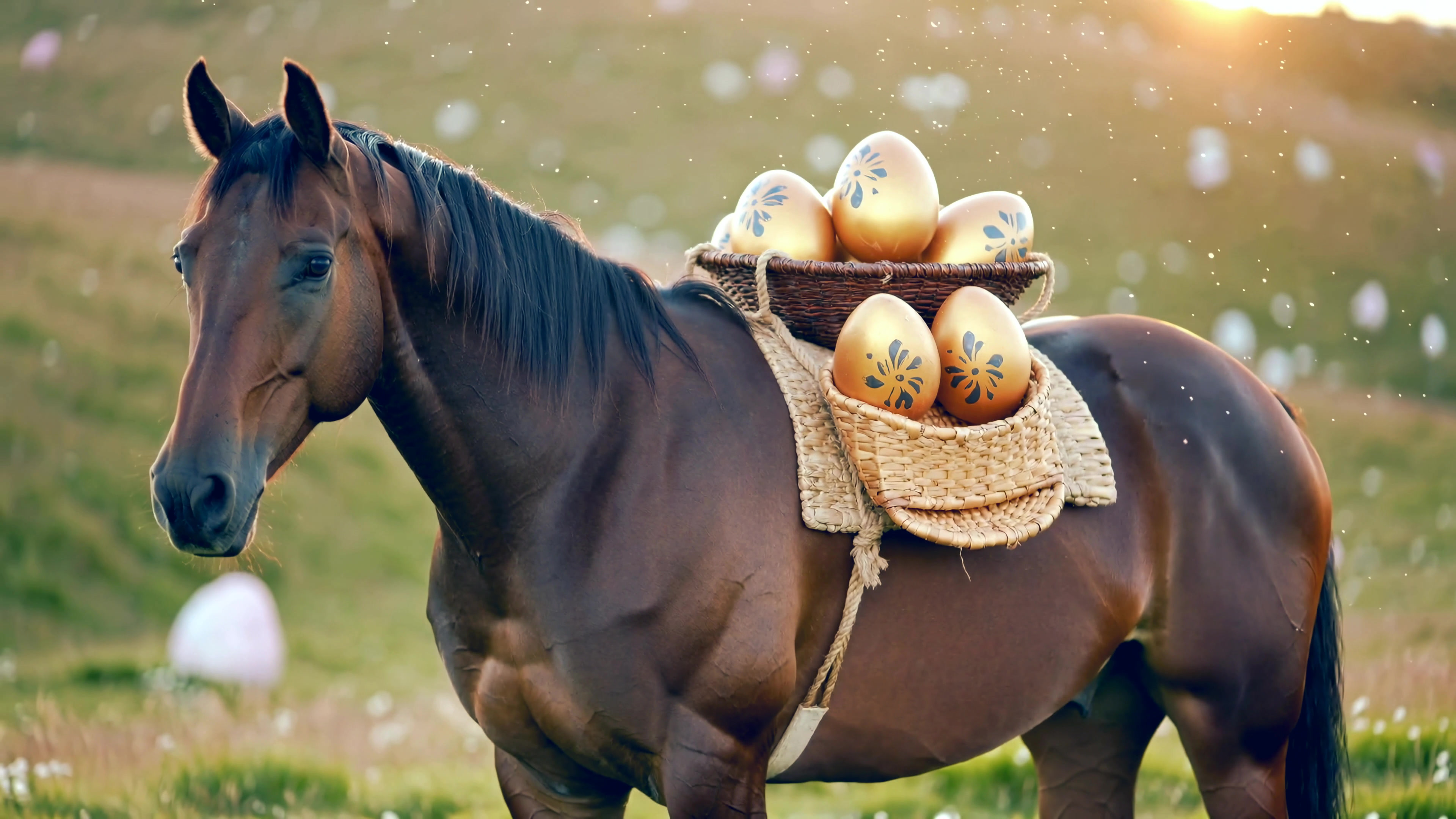 Horse carrying basket of eggs in a field during sunset with decorations in the background