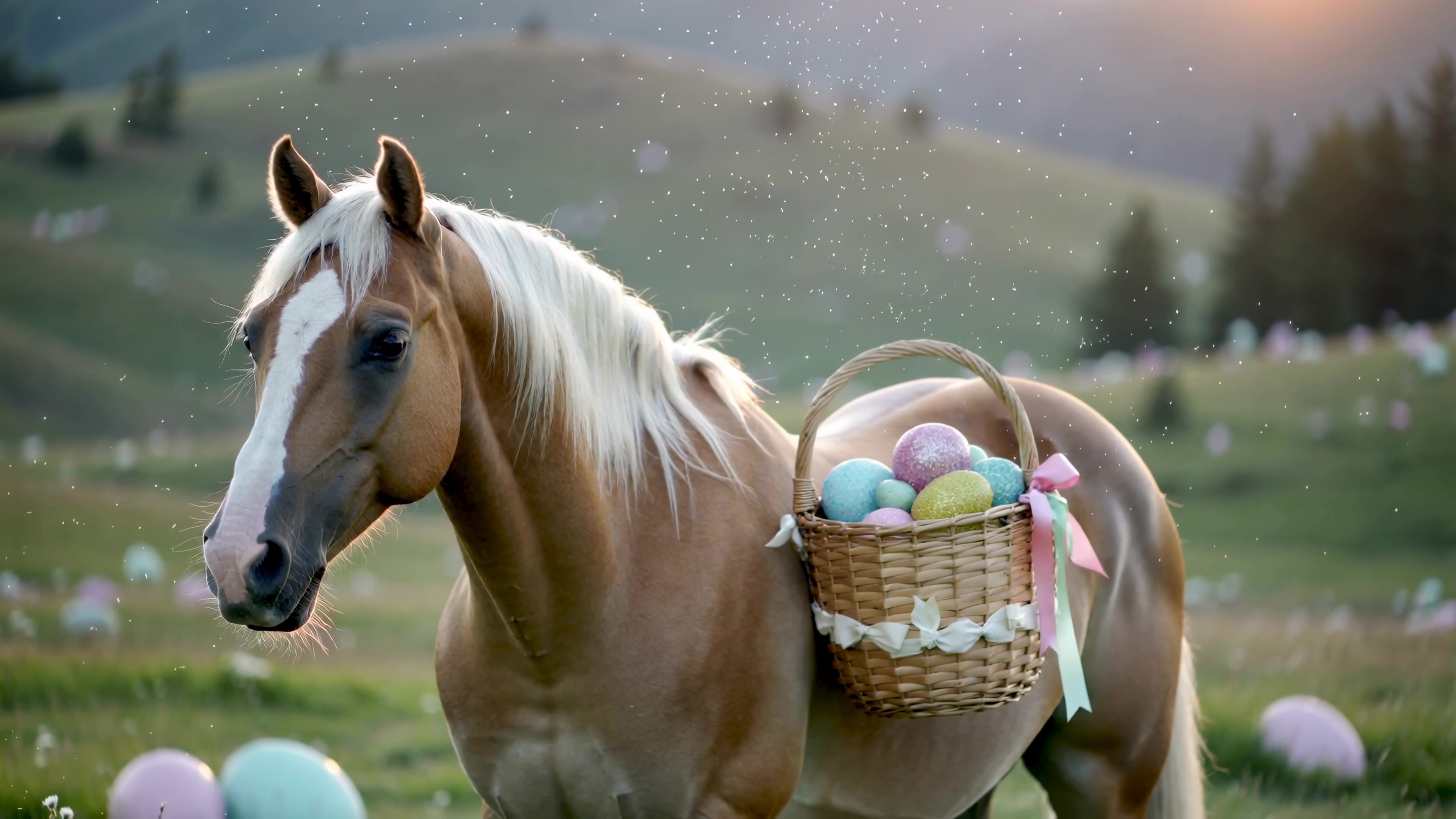 Horse carries basket of colorful eggs in sunny field during springtime