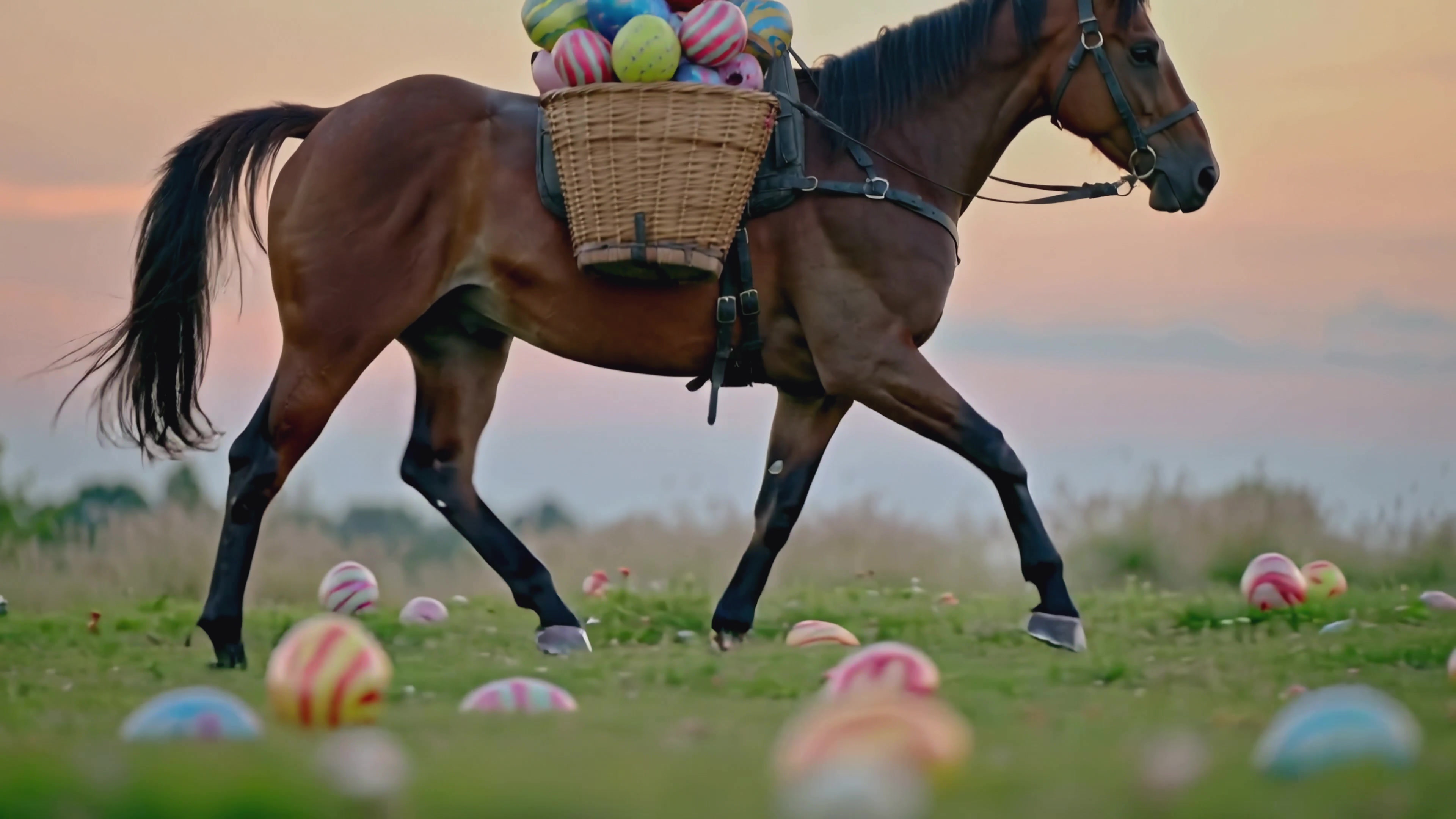 Horse carrying basket of watermelons on a field covered with colorful eggs during springtime at sunset