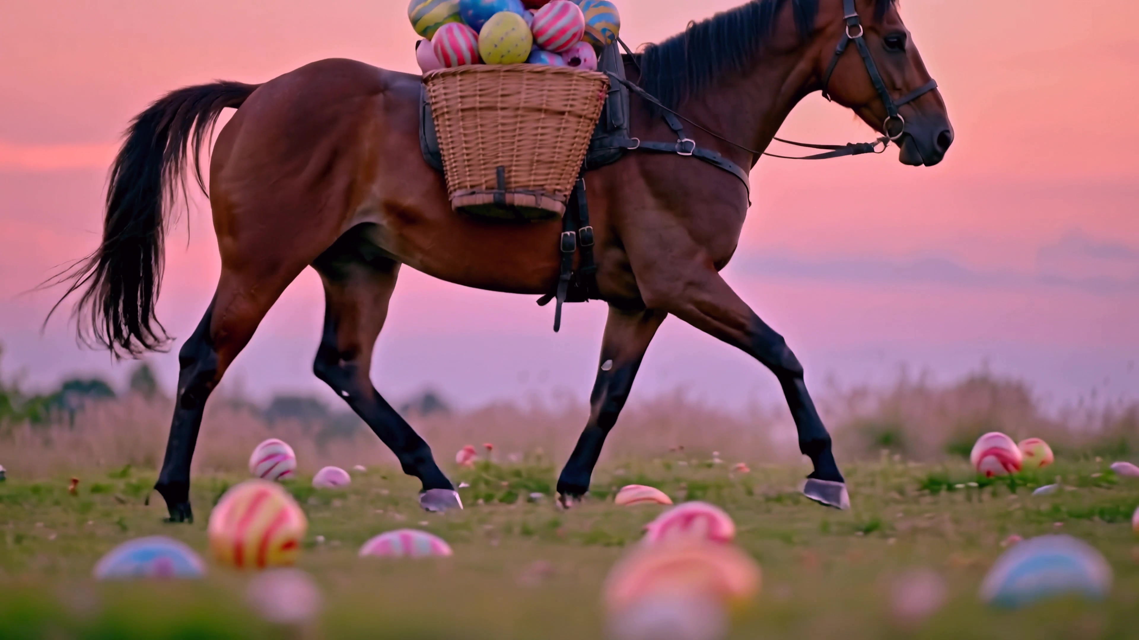 Horse carries basket of colorful eggs across field during sunset in spring season with scattered eggs on the ground
