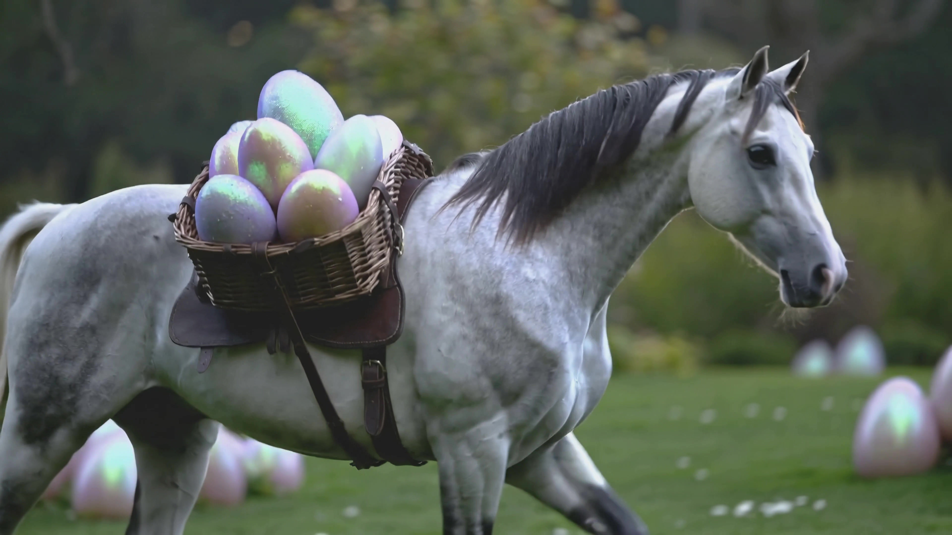 Horse carries basket of colorful eggs in a garden during springtime event with other eggs in the background