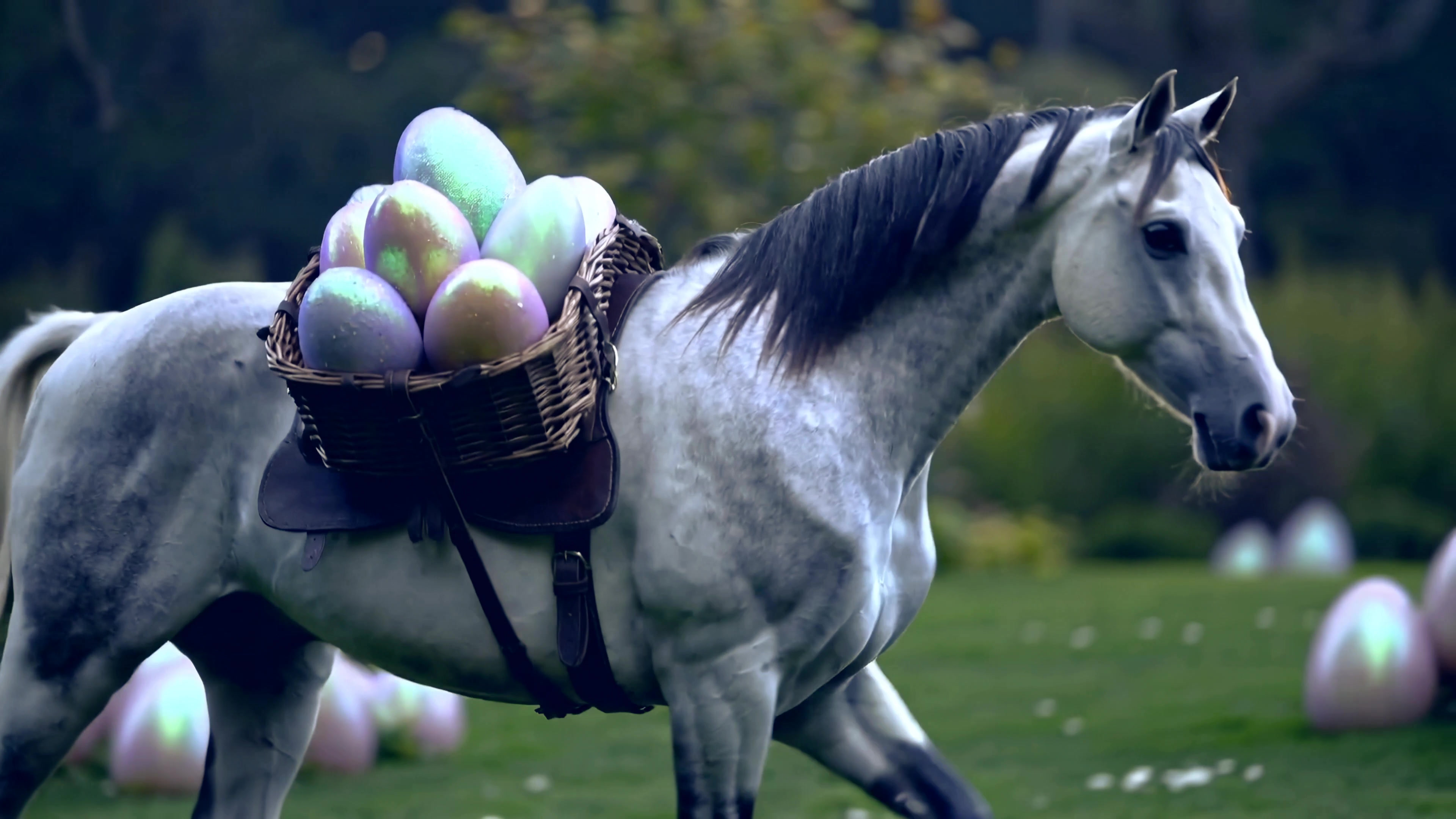 Horse carries basket of colorful eggs in green field during springtime scene