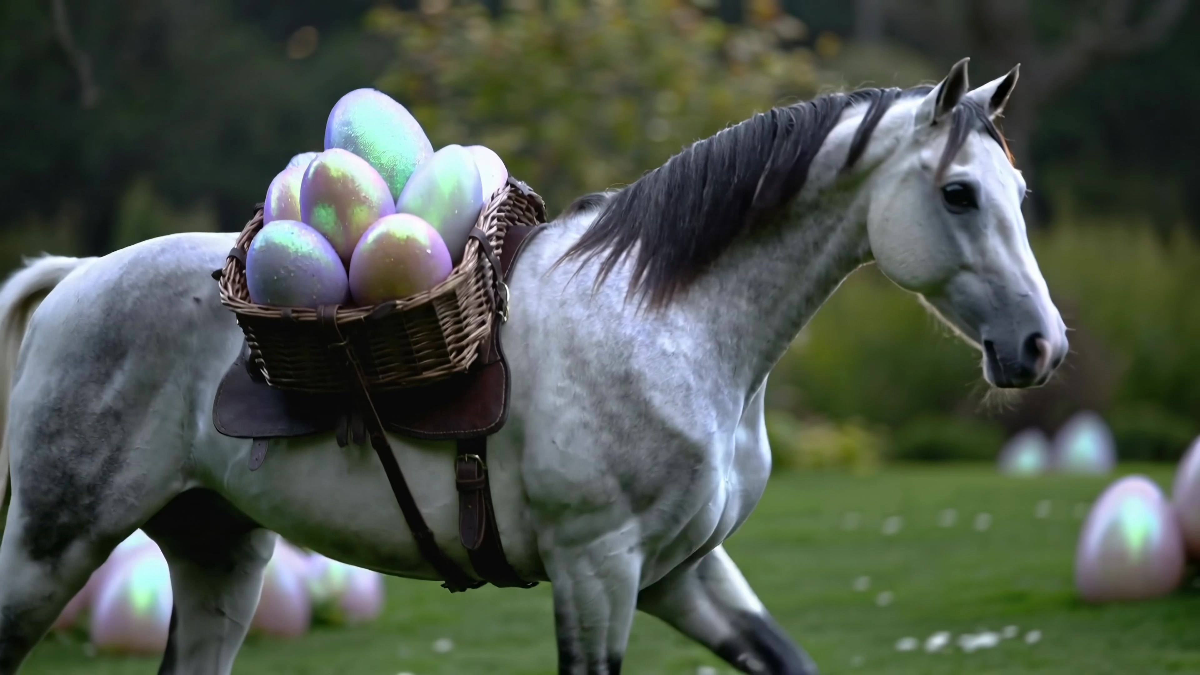 Horse carries basket of colorful eggs through green field during springtime near trees in the background as sunlight shines softly