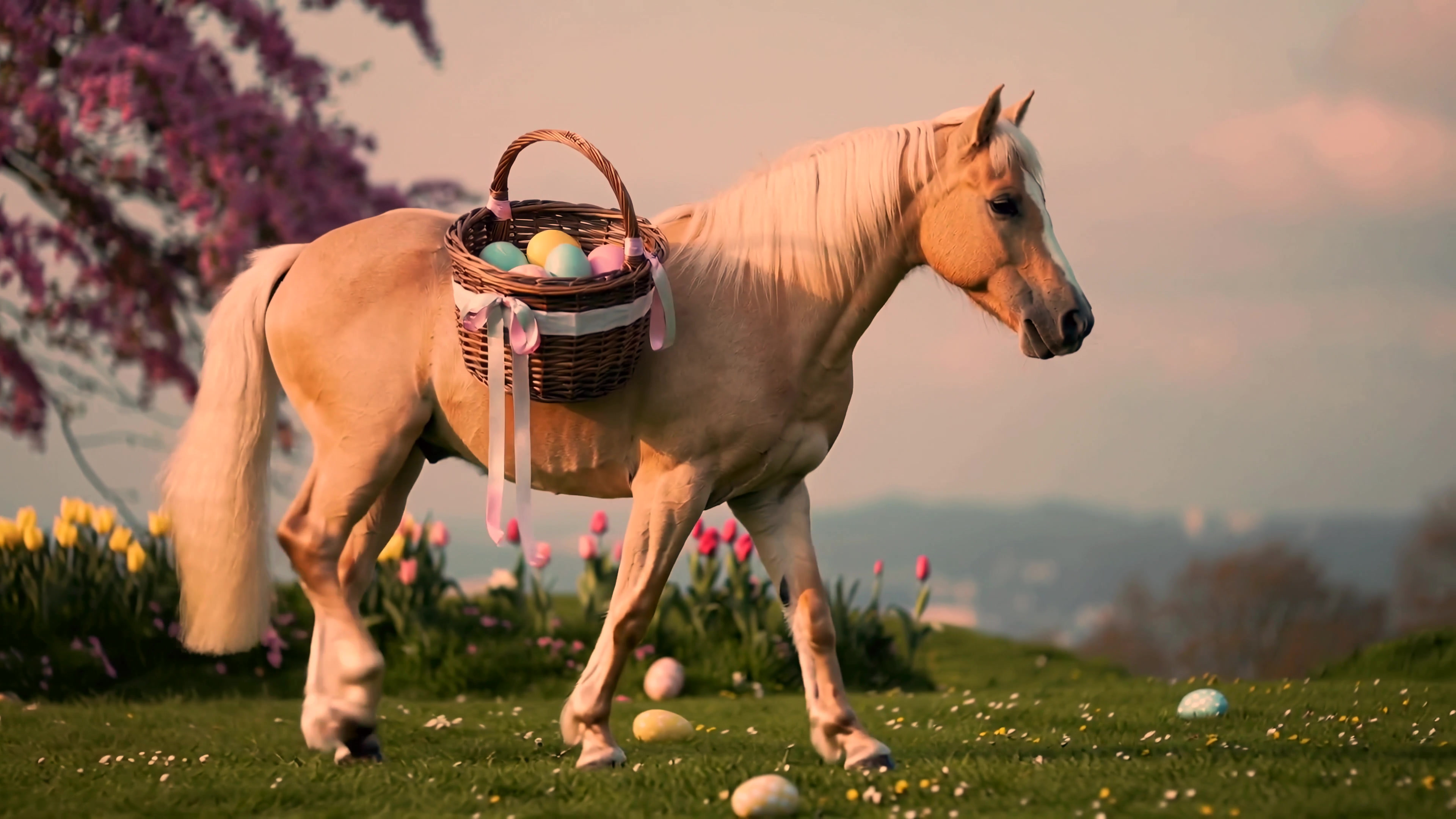 Horse carrying a basket of eggs walks in a field with flowers during springtime