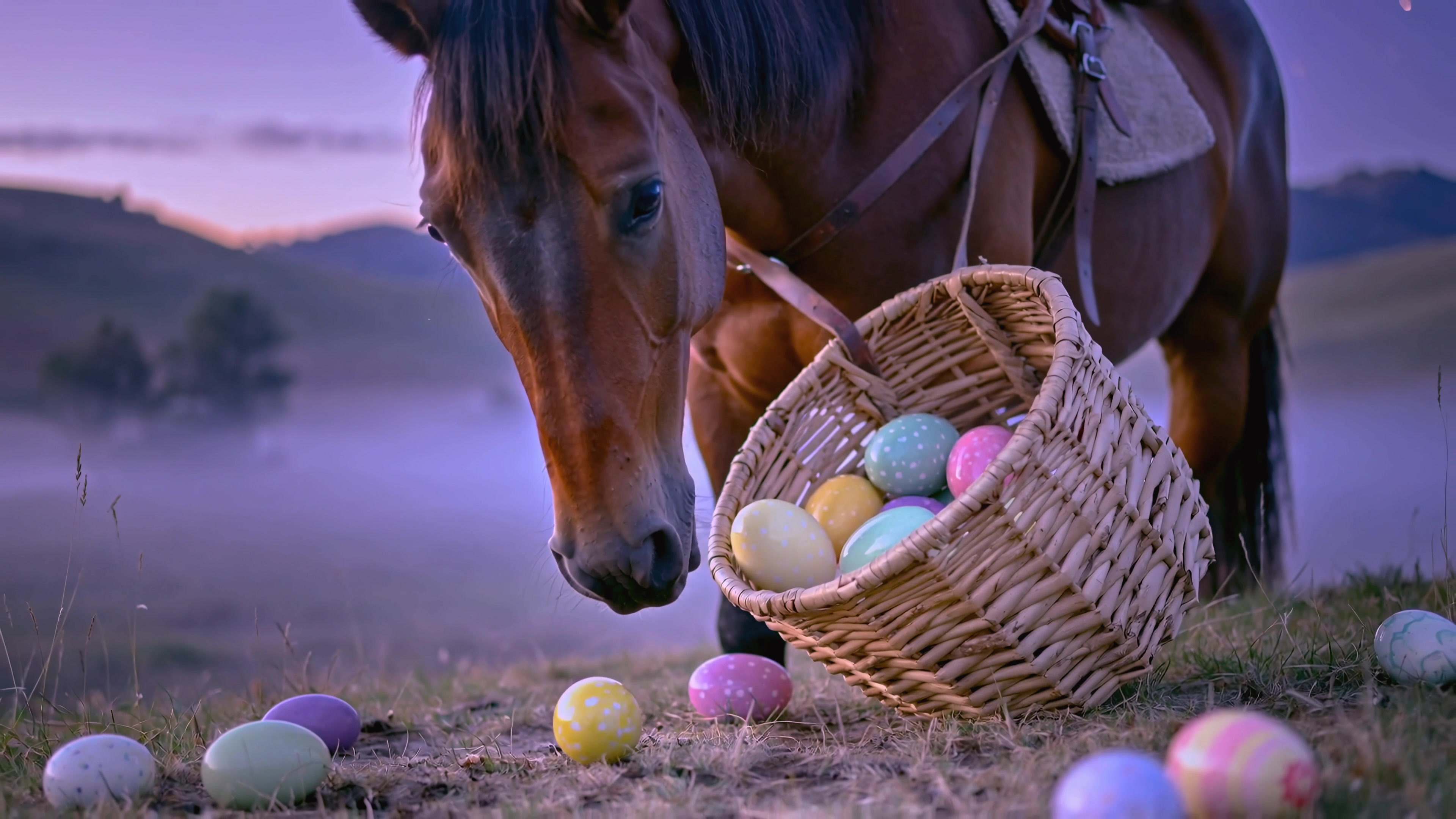 Horse explores basket of decorative eggs in a field during early morning light