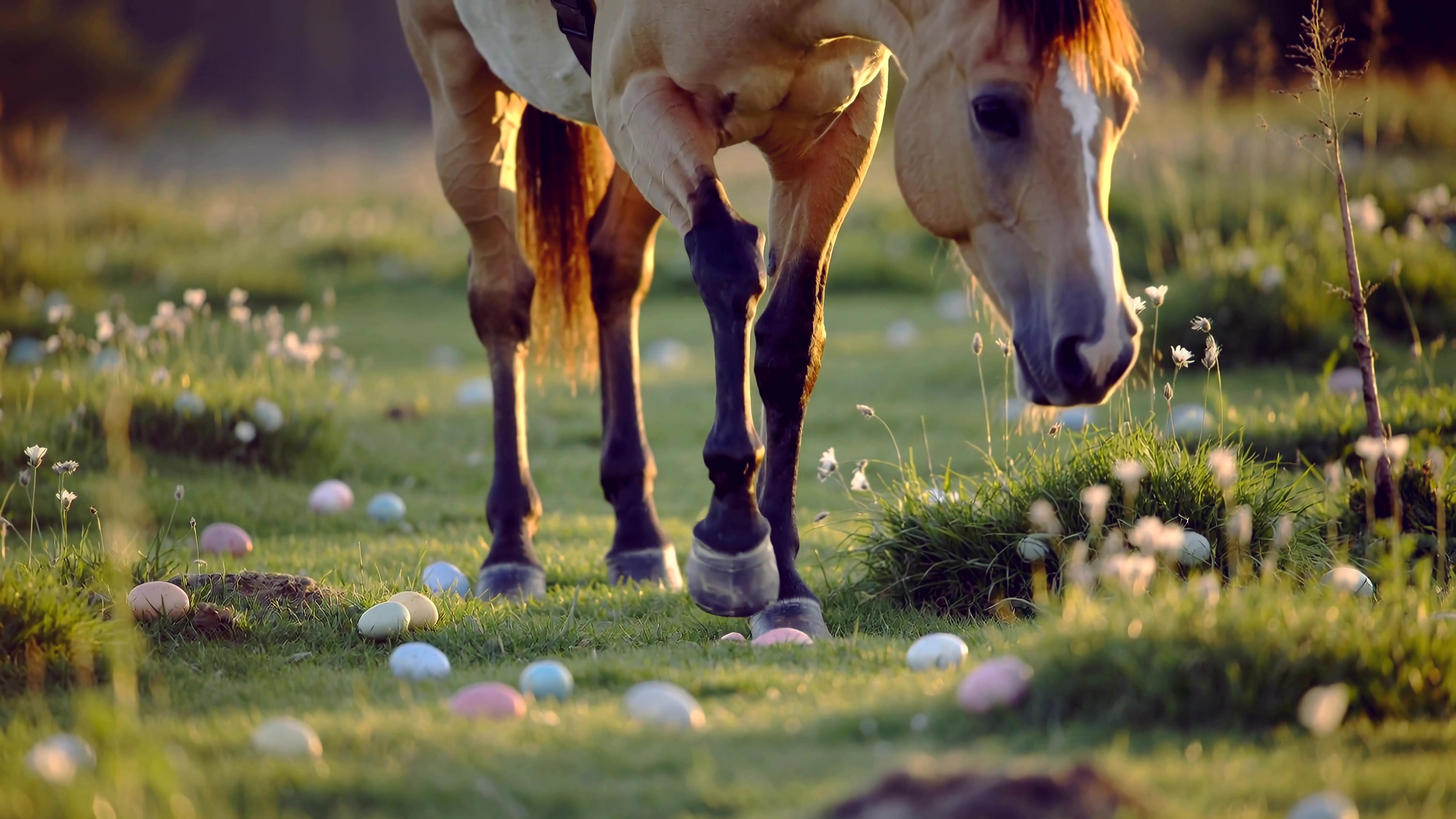 Horse walking through a field with colorful eggs during springtime in a peaceful countryside setting near sunset