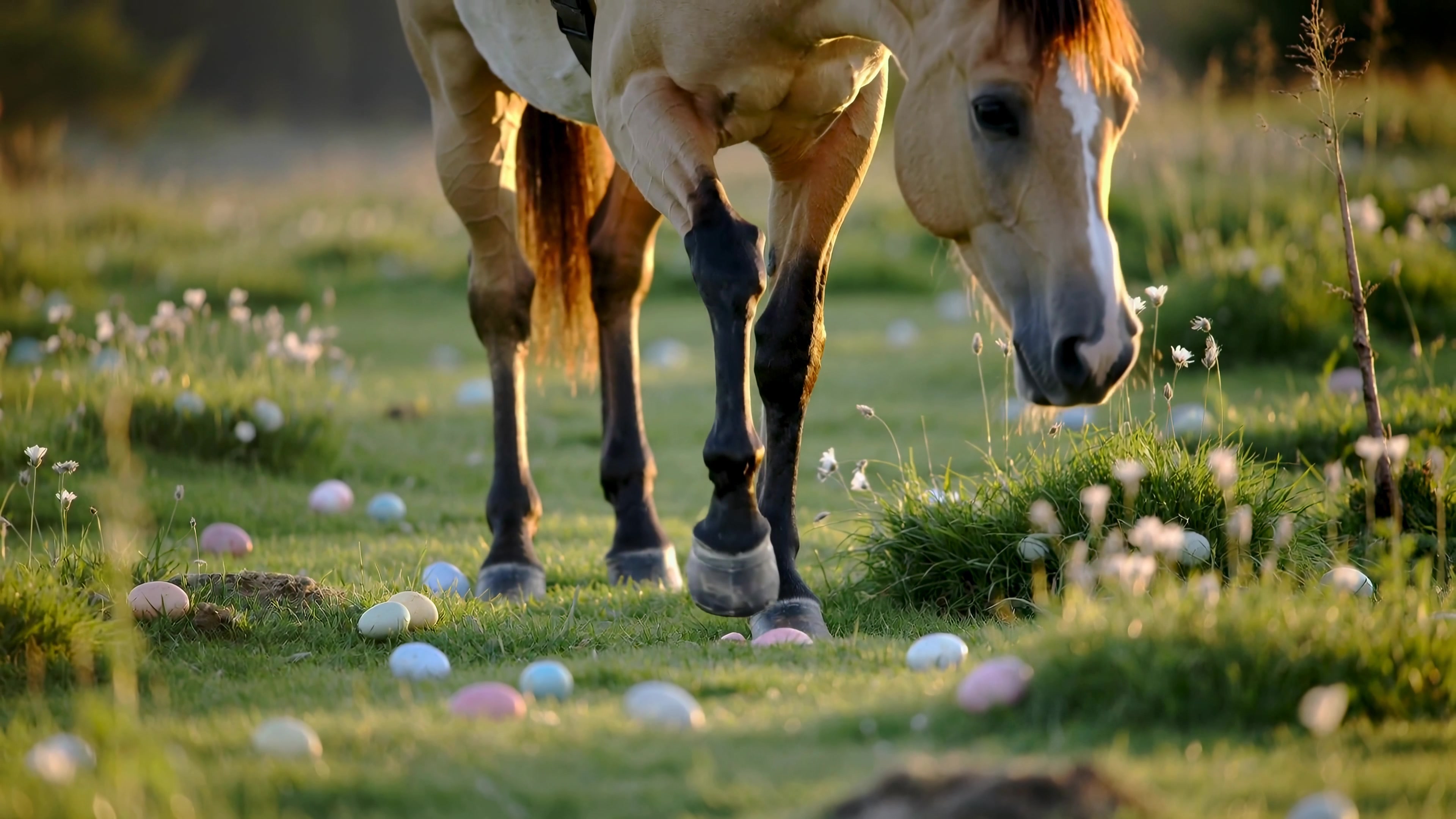 Horse exploring a field with colorful eggs during a sunny day in spring