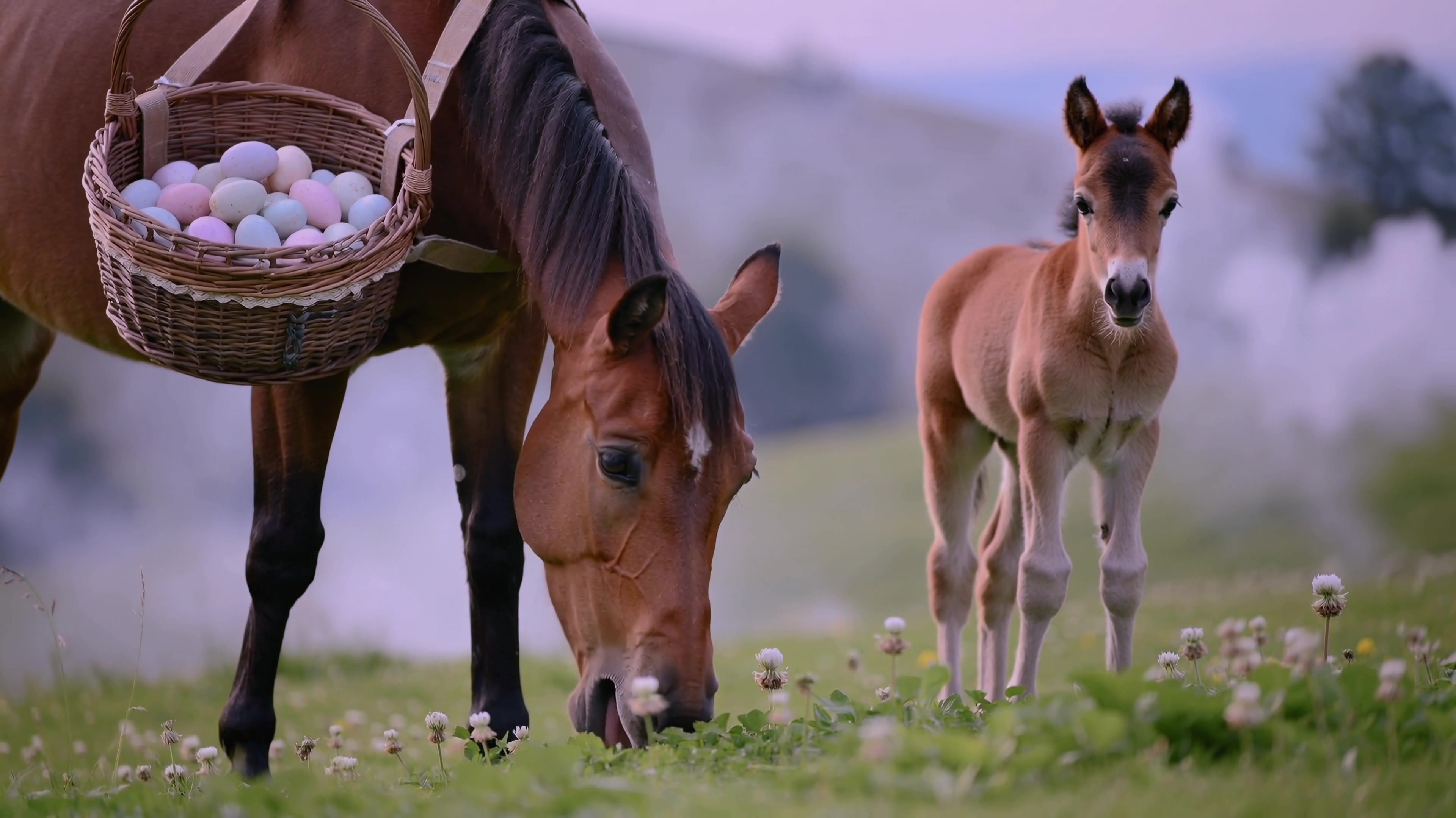 Horse and foal find colorful eggs in green field during a sunny morning in early spring
