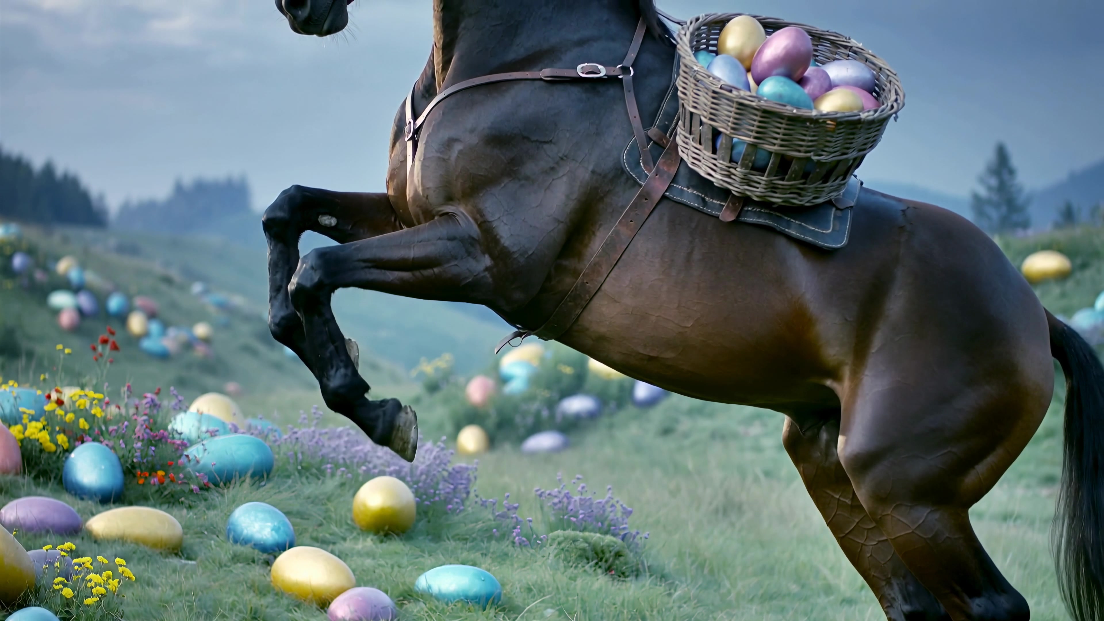 Horse carries basket of eggs across green field with colorful decorations during spring celebration in countryside