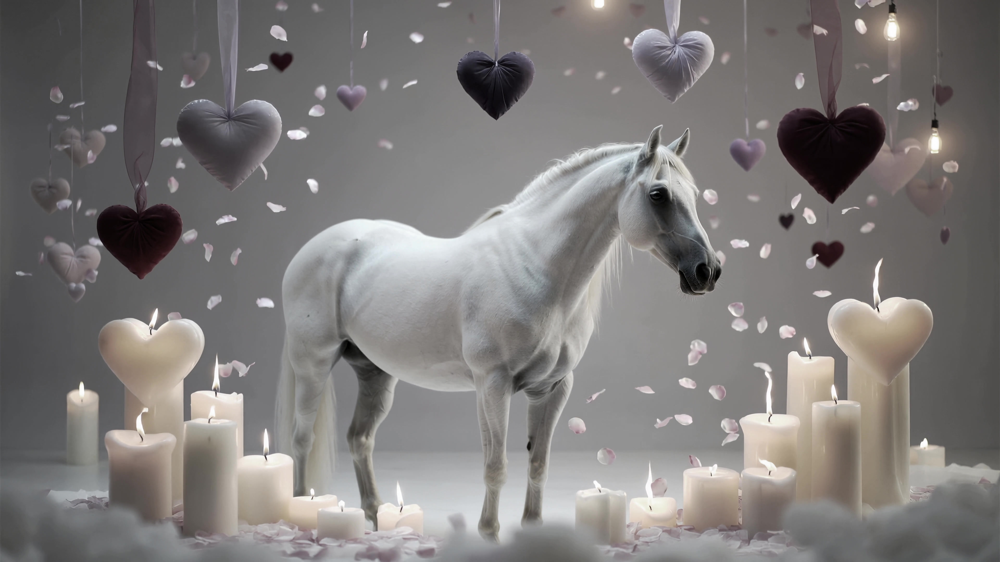 Horse stands surrounded by floating hearts and candles in a dimly lit setting capturing a unique scene of beauty and emotion