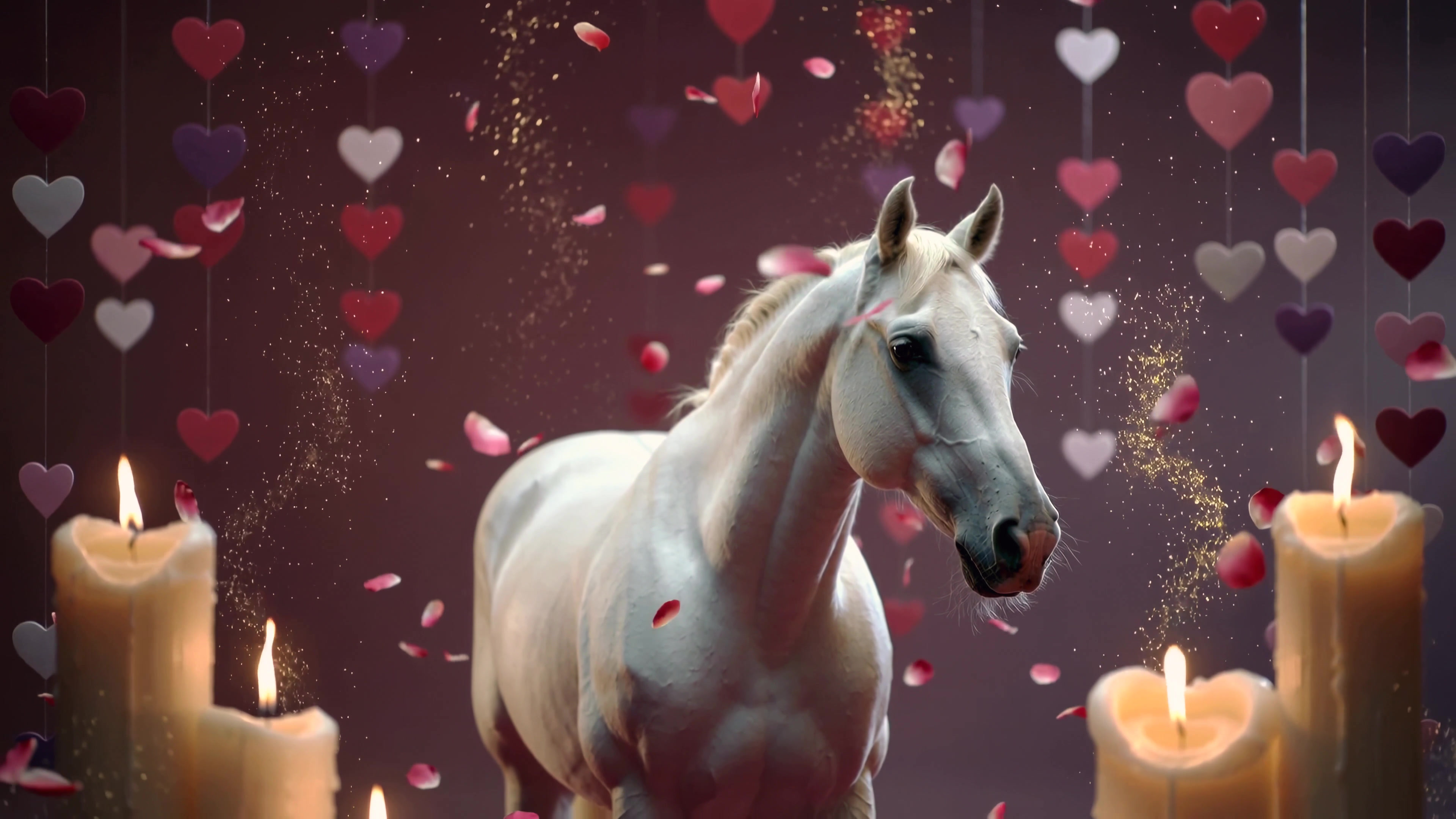 Horse surrounded by candles and heart decorations during a celebration in a cozy indoor setting