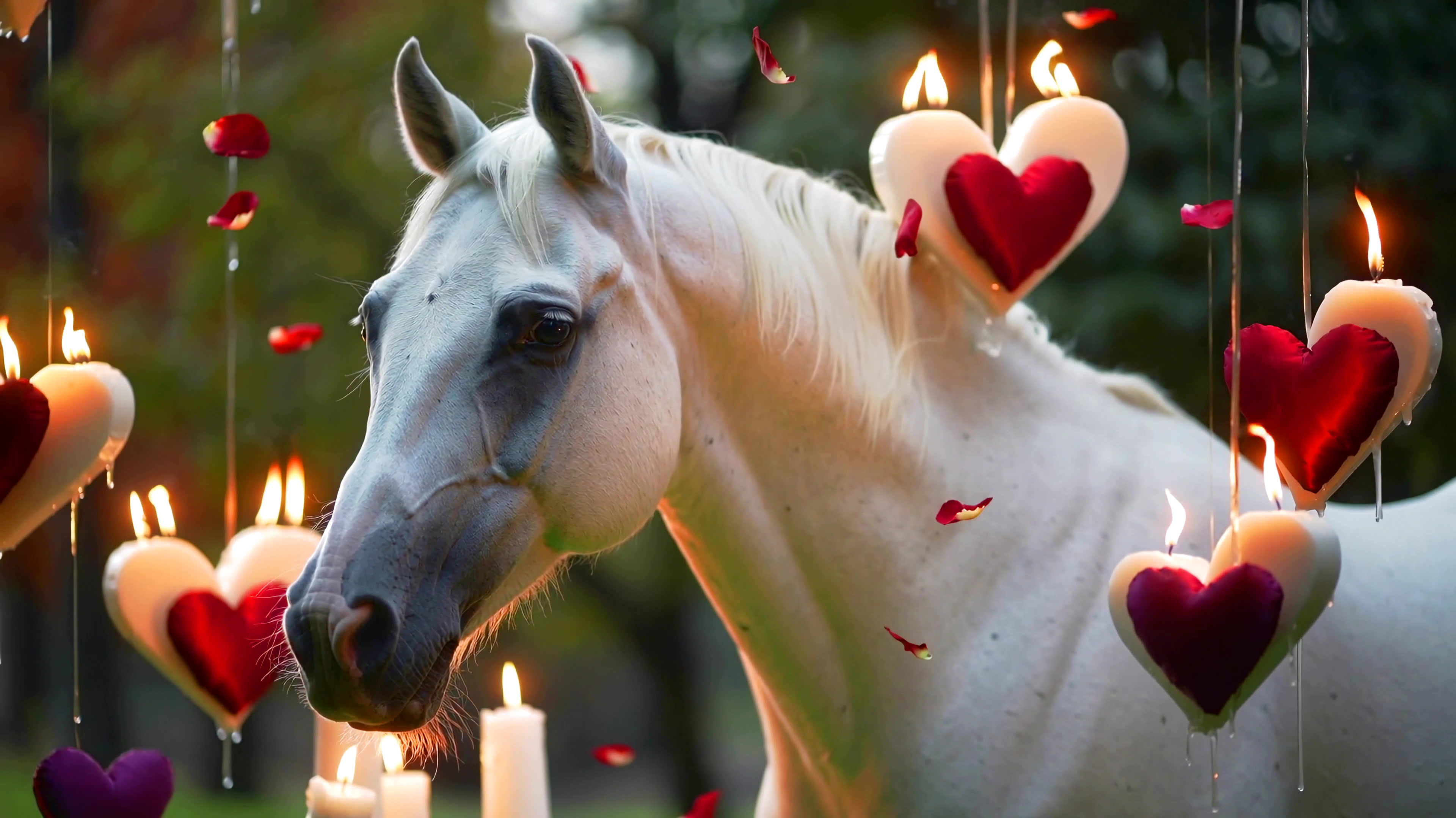 White horse surrounded by heart-shaped candles and rose petals in a garden at twilight
