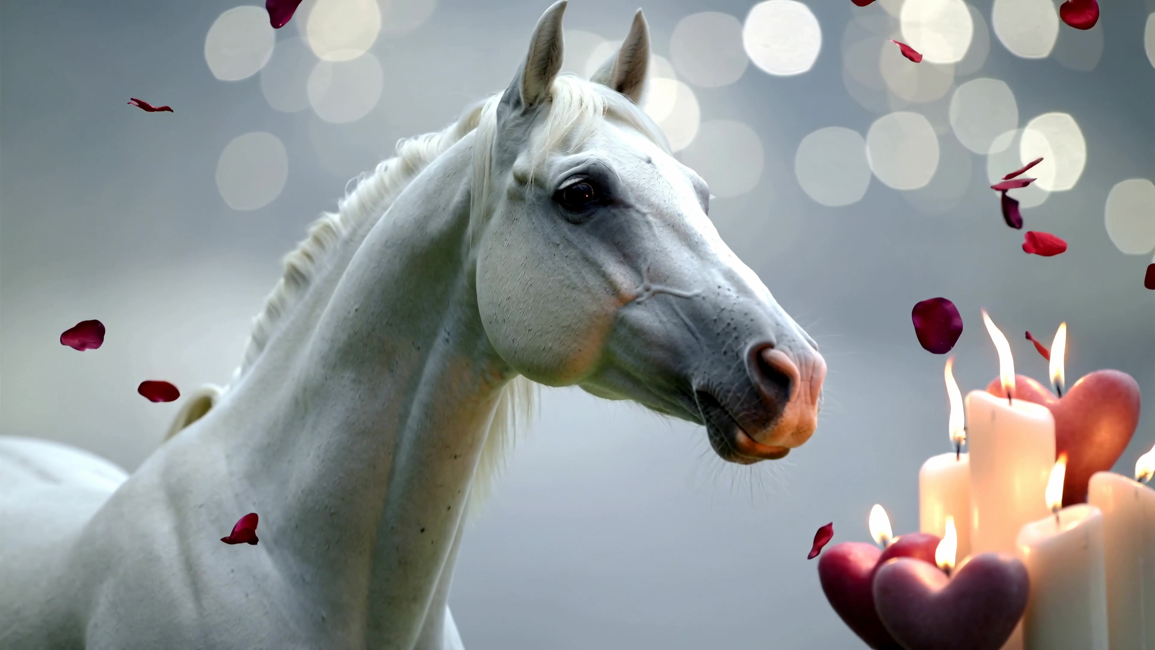 Horse stands near candles and rose petals in a soft glow during a quiet moment in a warm setting