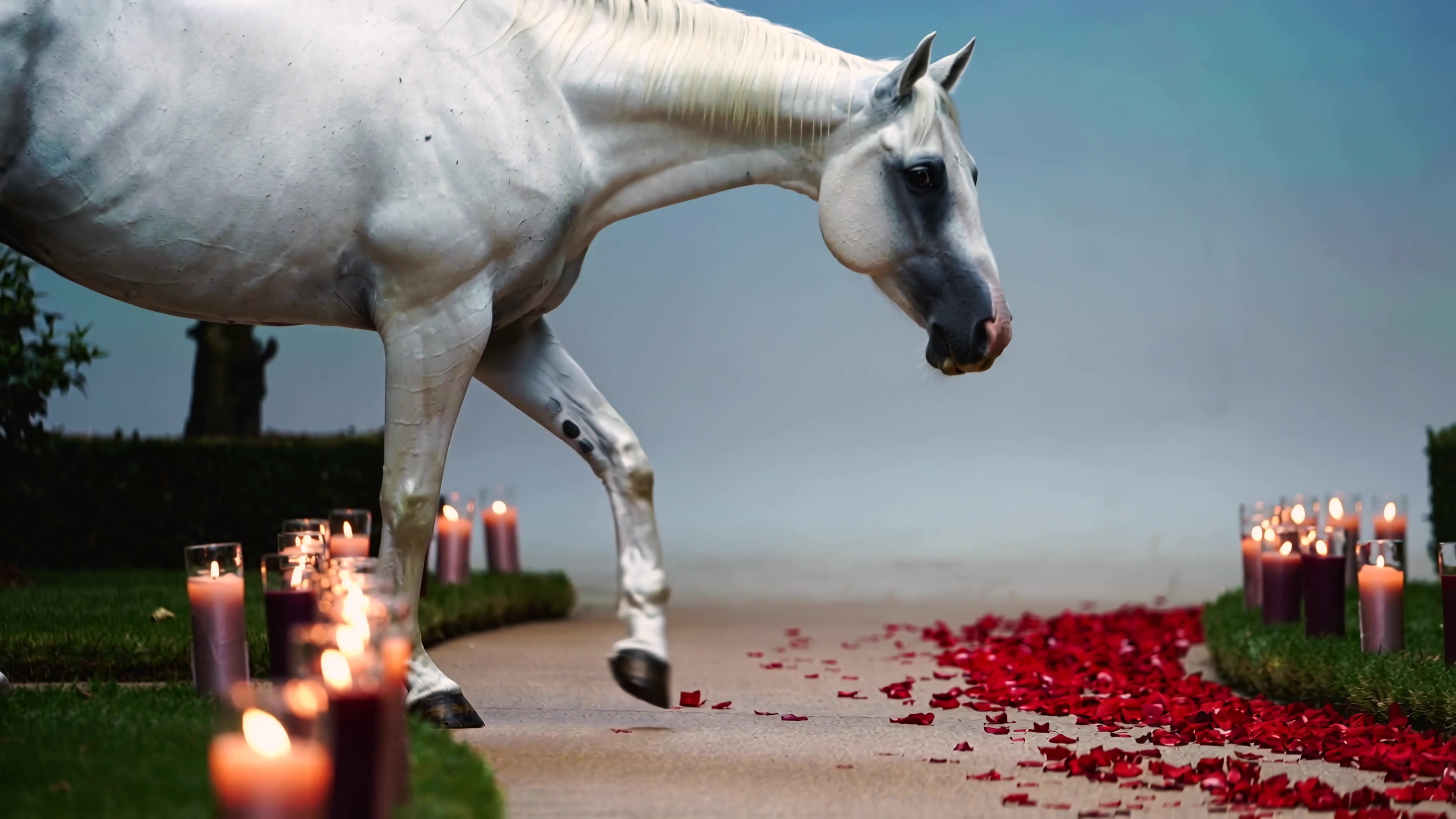 White horse walks on path lined with candles and rose petals during special event celebration in peaceful setting