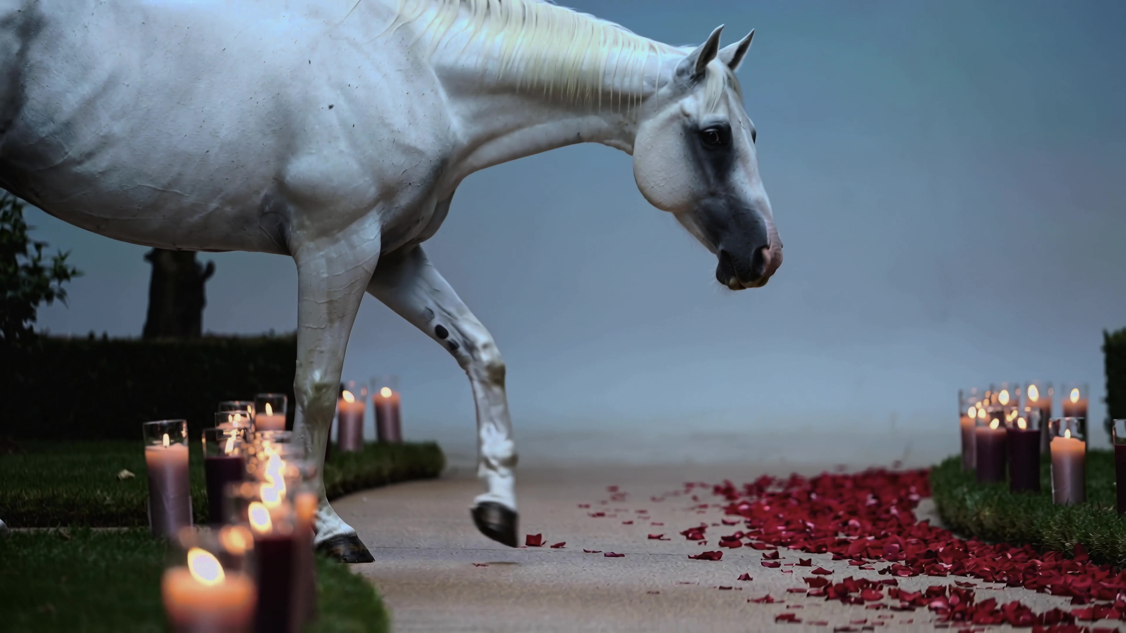 White horse walking on a path with rose petals and candles in a quiet setting during evening light