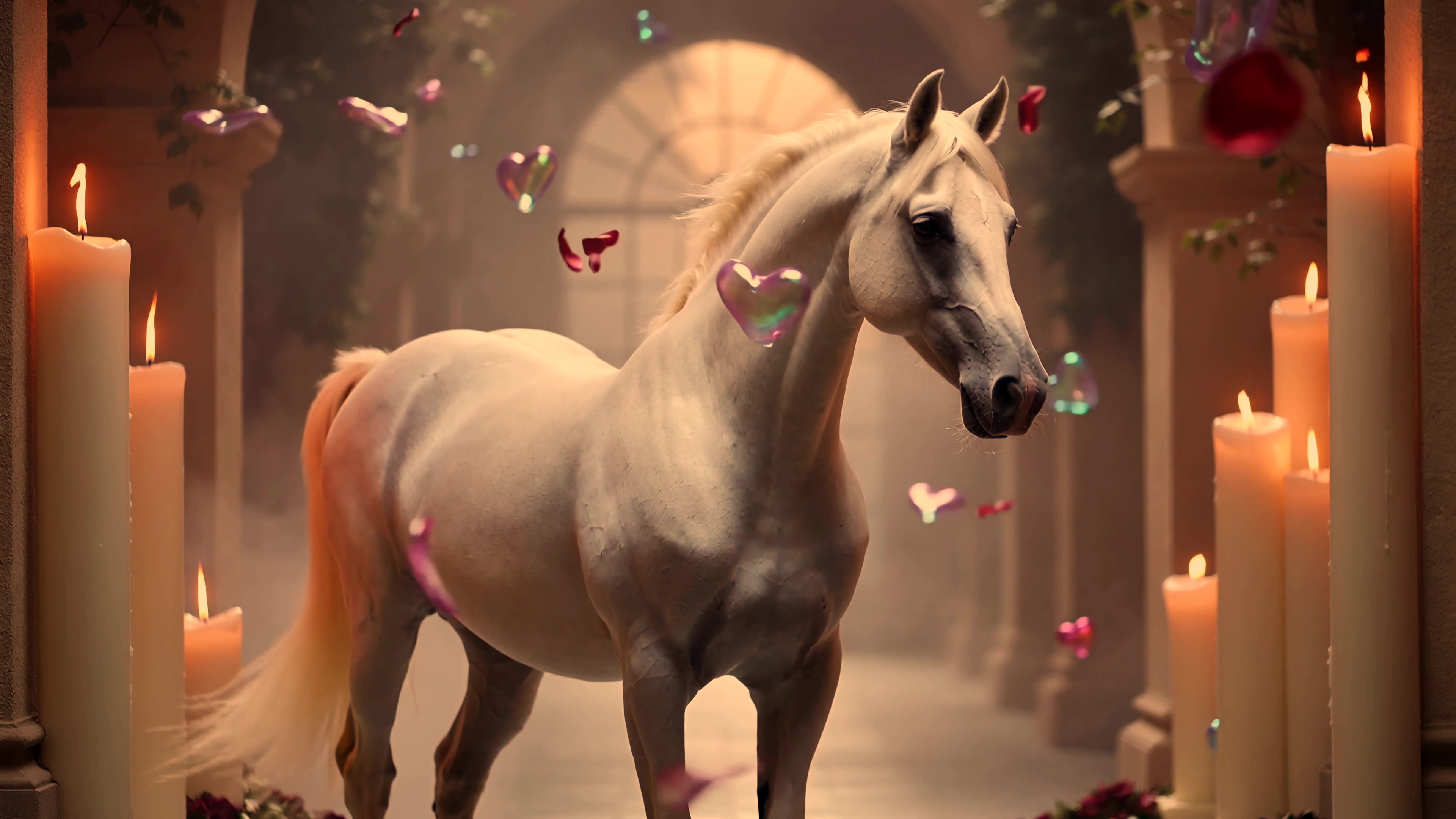 White horse stands in candlelit space with floating hearts in a mystical setting during a calm afternoon