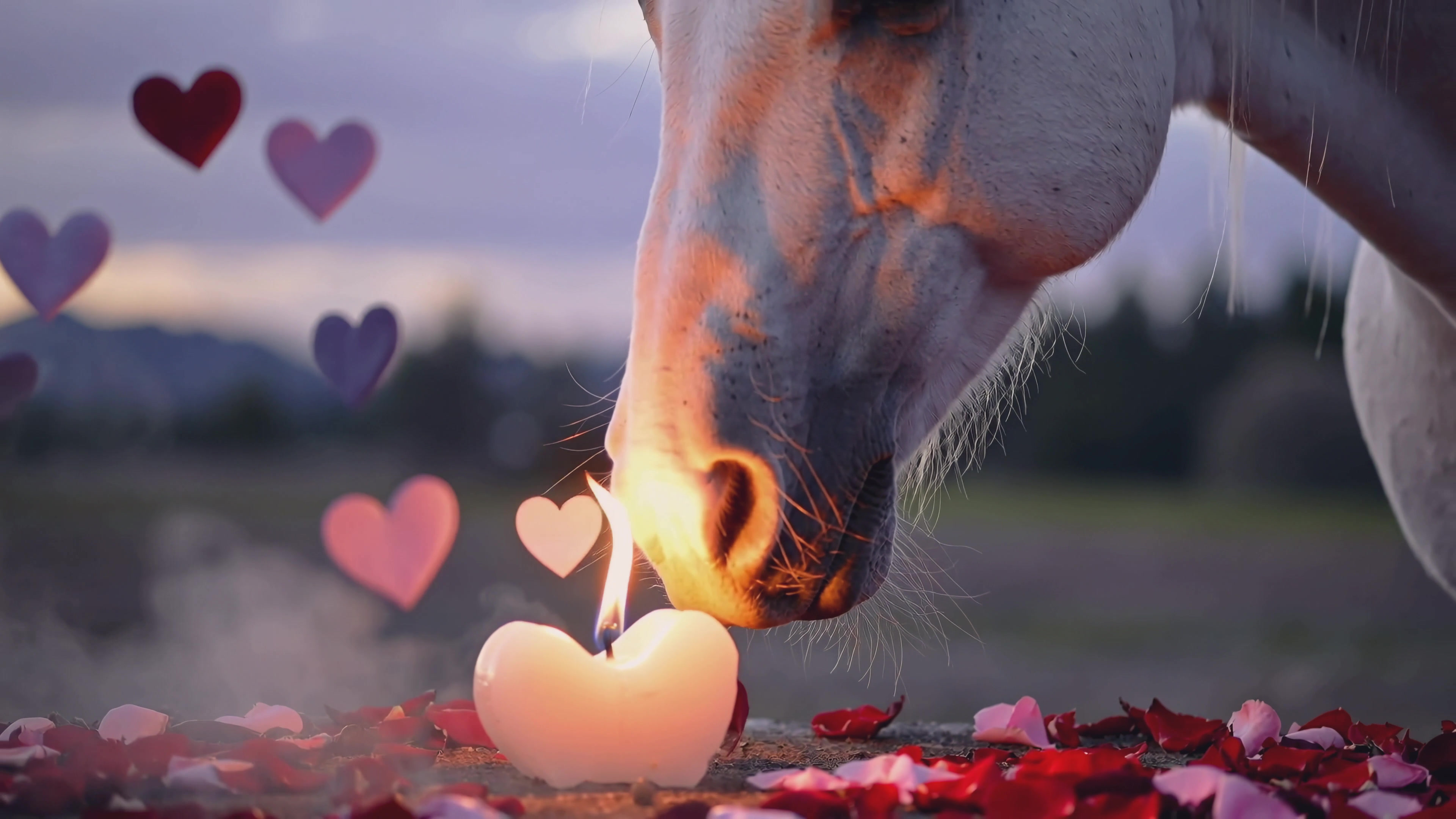Horse interacts with candle surrounded by hearts and rose petals during sunset in a scenic outdoor setting