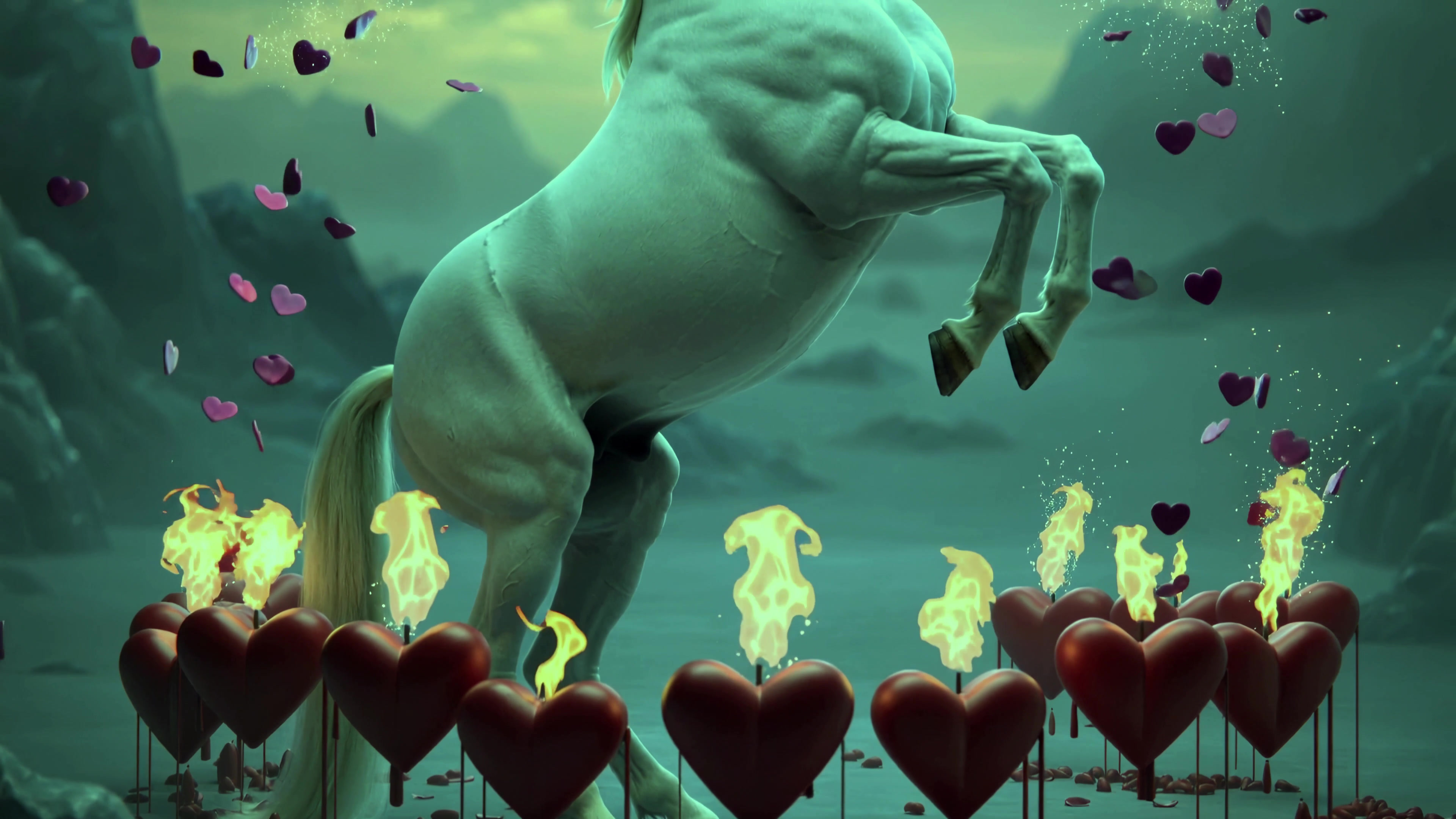Unicorn stands in a circle of flaming hearts in a fantasy landscape during a magical event at night