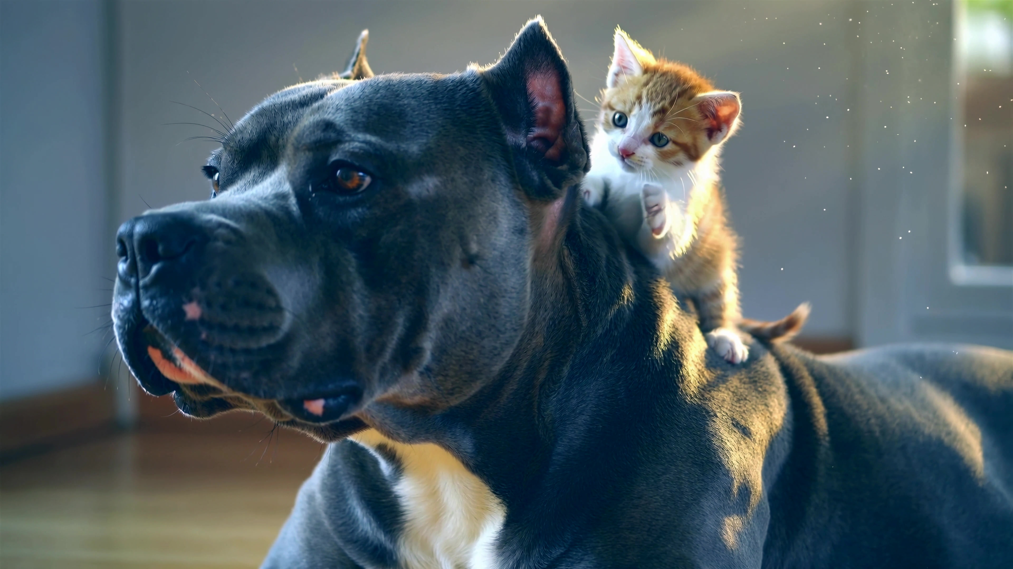 Dog and kitten play together in a sunny room during the afternoon hours