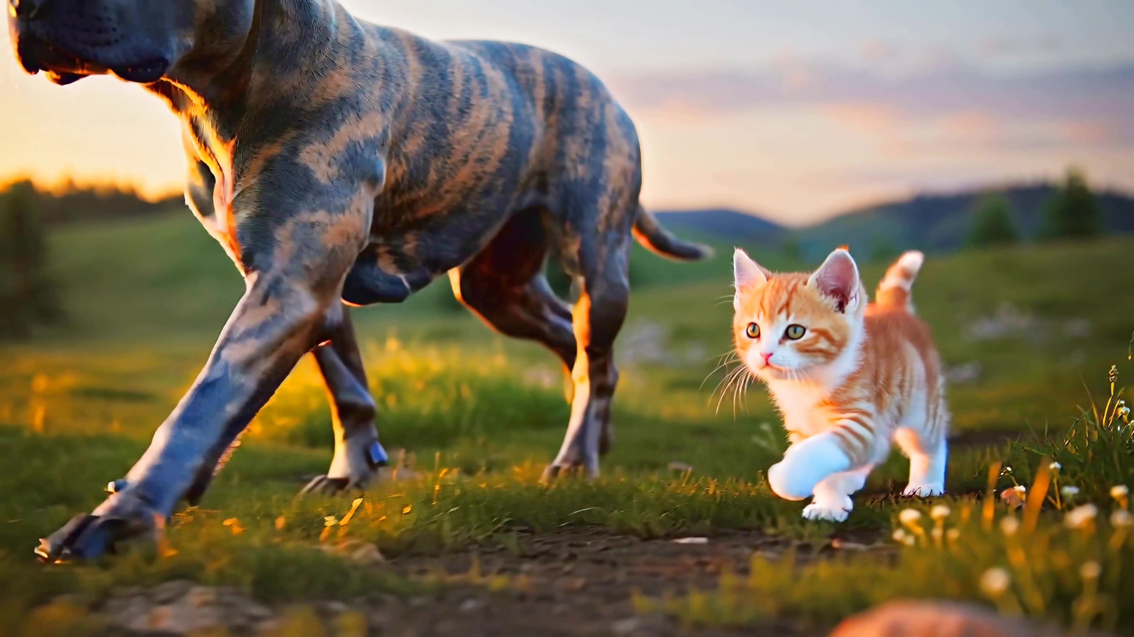 Dog and cat play together in an outdoor field during sunset with bright colors on the horizon and flowers on the ground