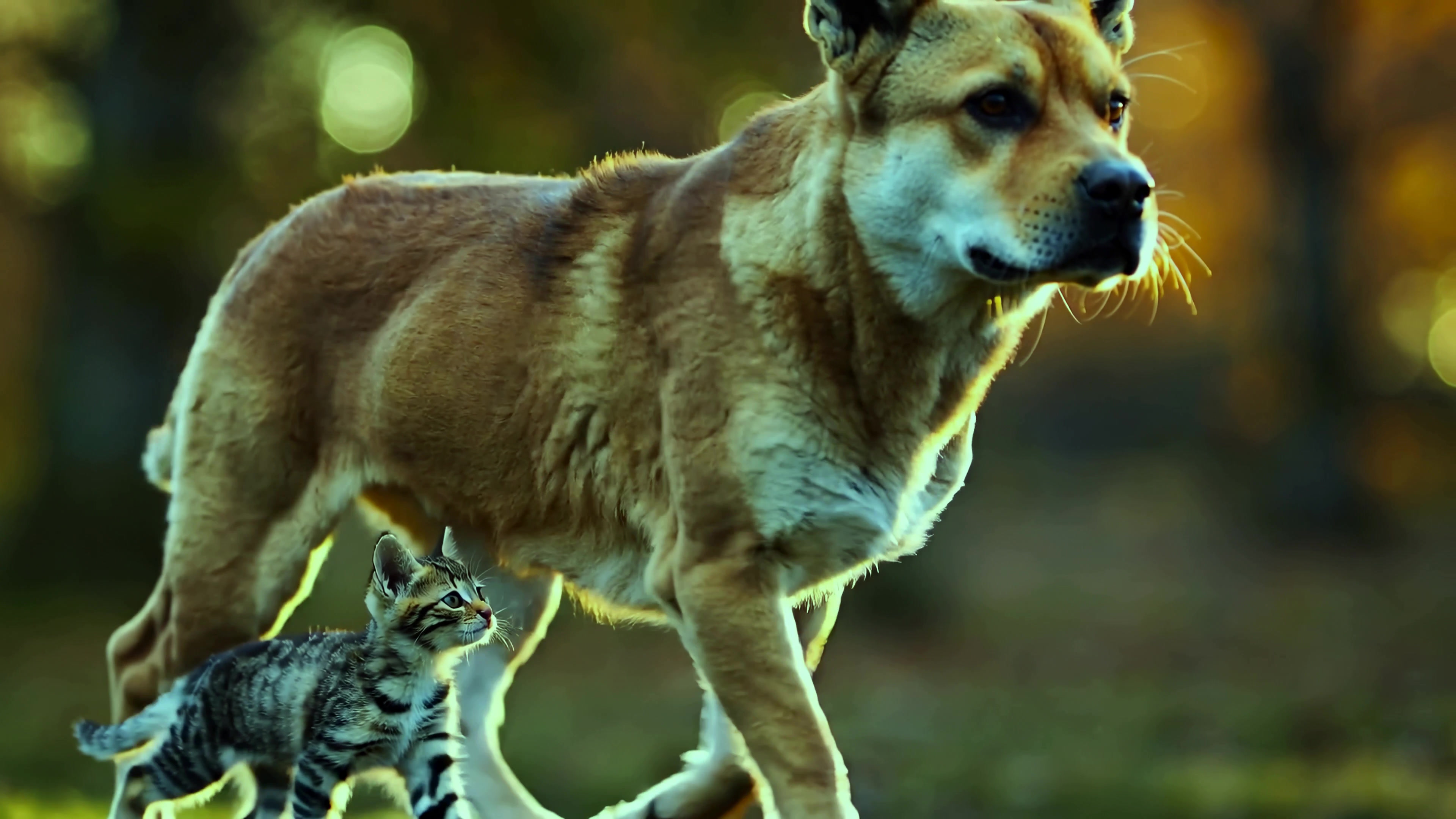Dog walks with kitten in a natural setting during daylight hours