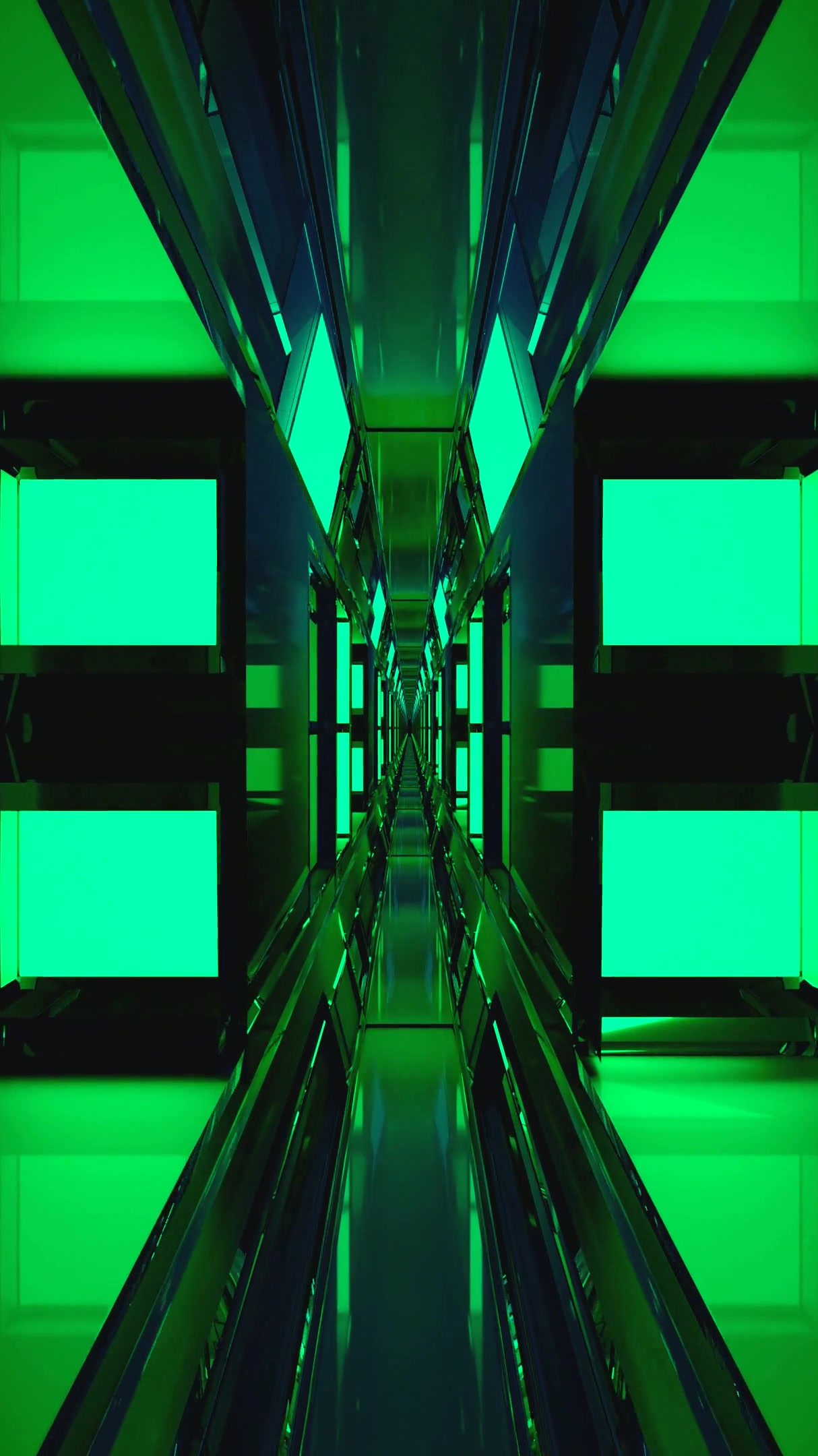 Seamless tunnel video vj loop screensaver with vibrant green lighting and reflective surfaces