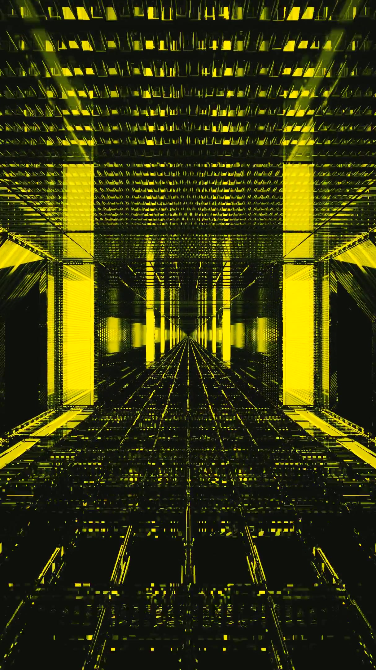 Seamless tunnel video loop showcasing reflective surfaces and vibrant yellow light patterns