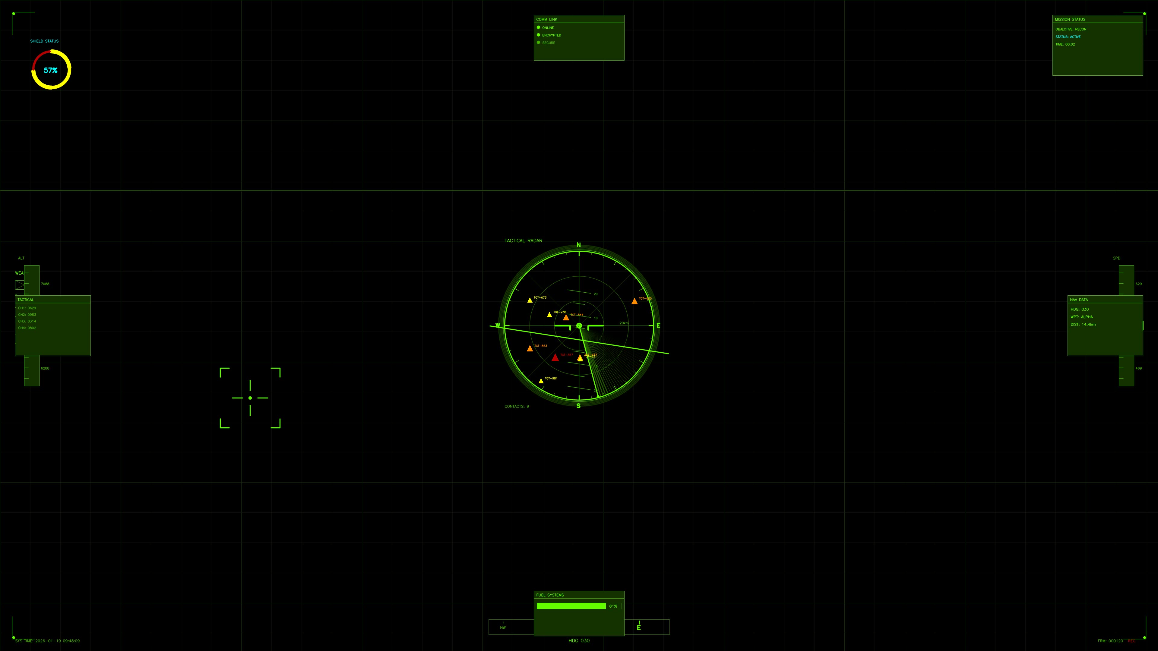 Science fiction war cockpit display showing military radar and tactical data for strategic operation in an advanced combat environment