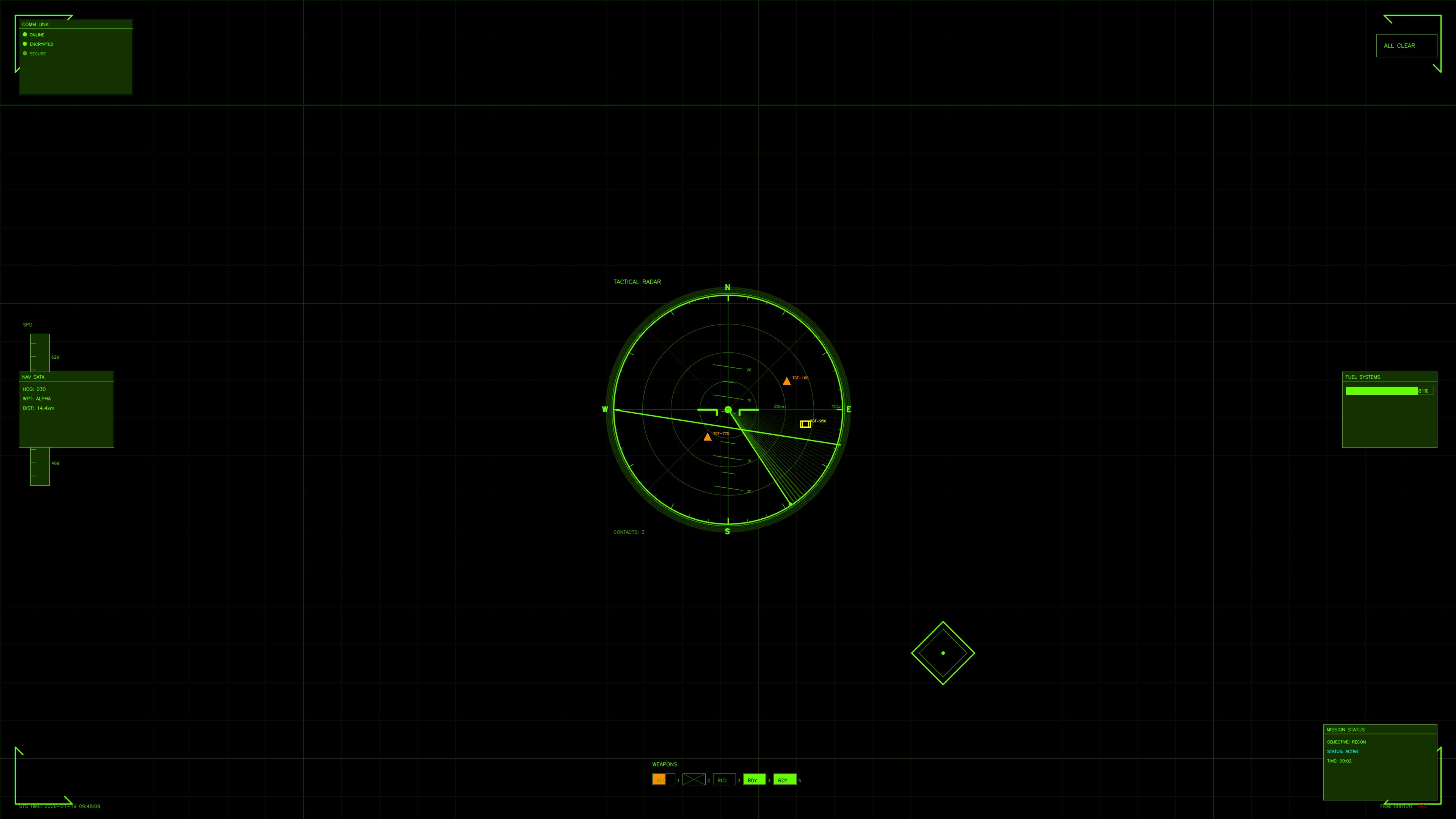 Military head-up display for science fiction war documentary showing radar data and navigational elements
