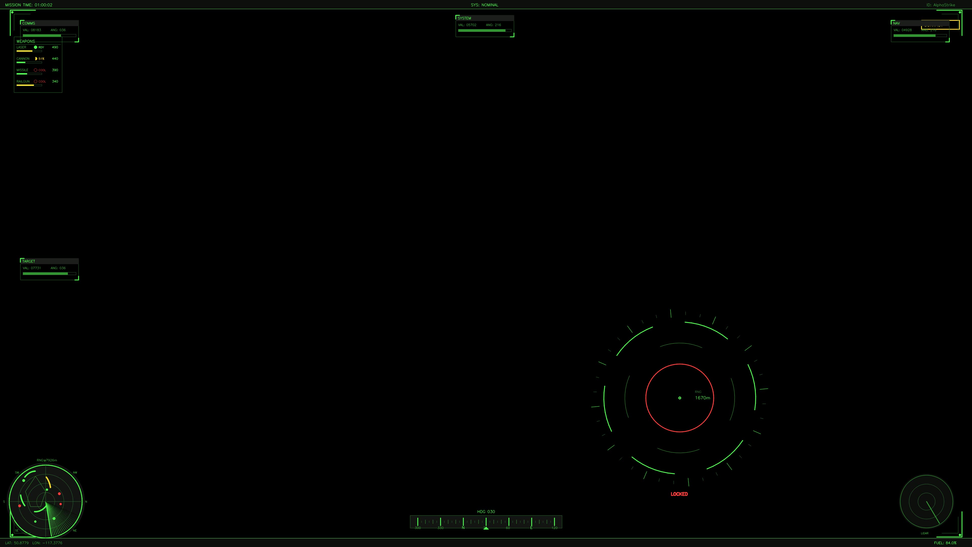 Science fiction military cockpit display element for war documentaries and video projects featuring data and radar readouts
