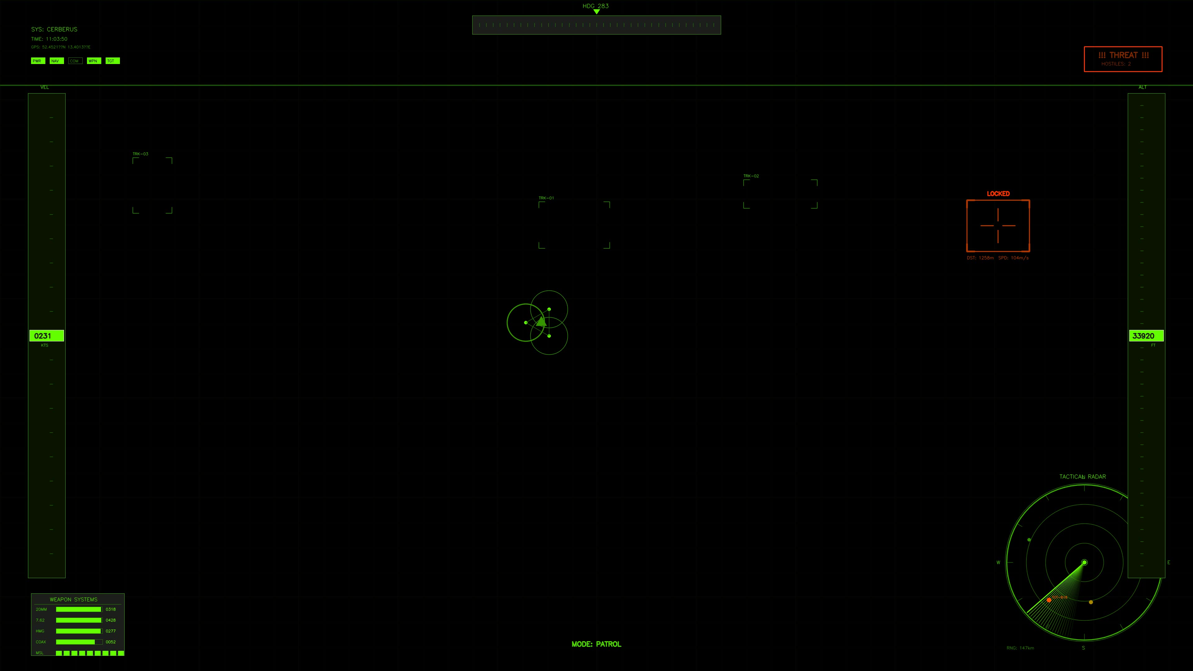 Science fiction military cockpit display for war documentaries shows targeting system and radar in action for future combat scenarios