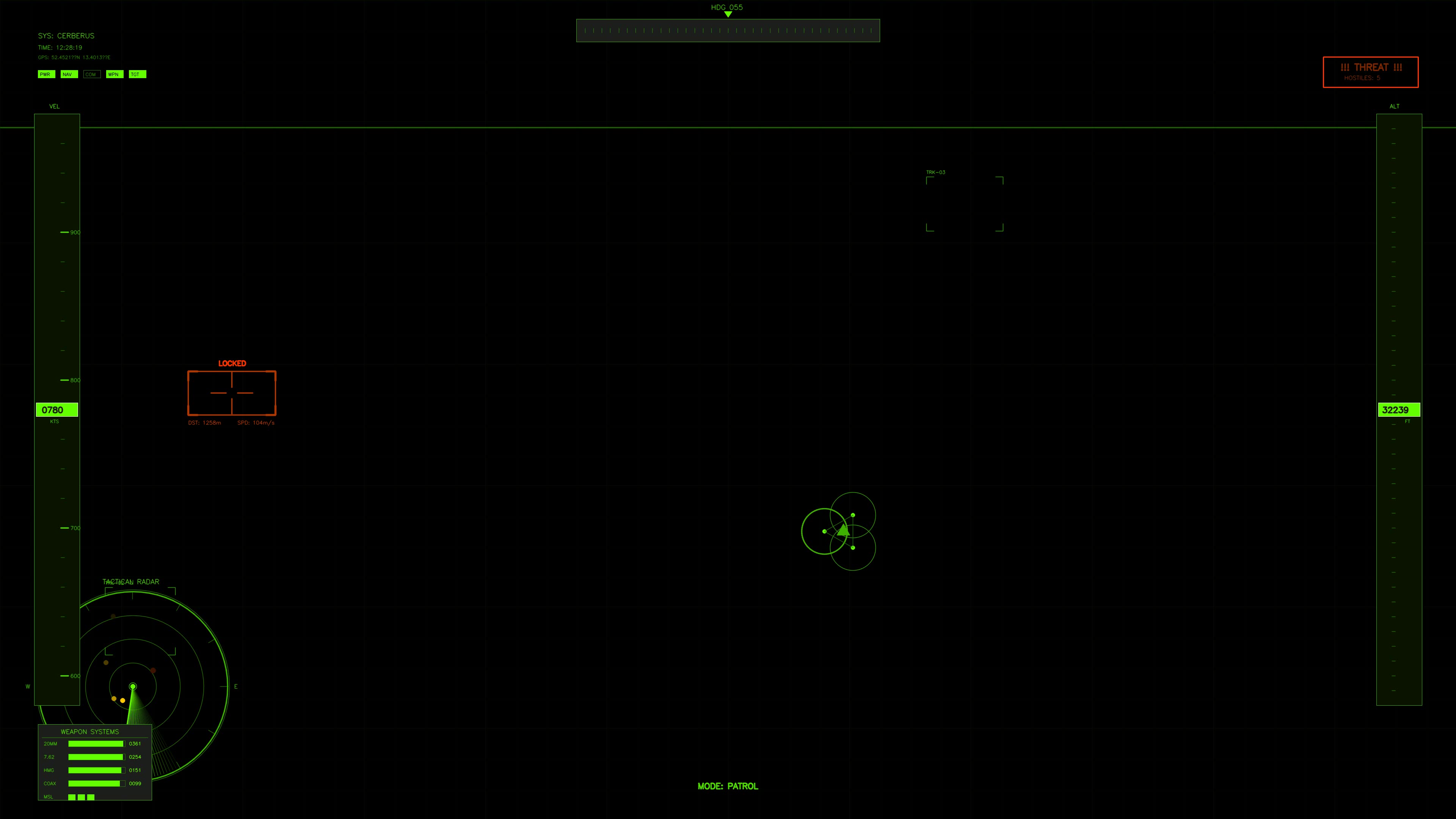 Military cockpit display for science fiction war scenario showcasing tactical elements and control settings in a futuristic environment
