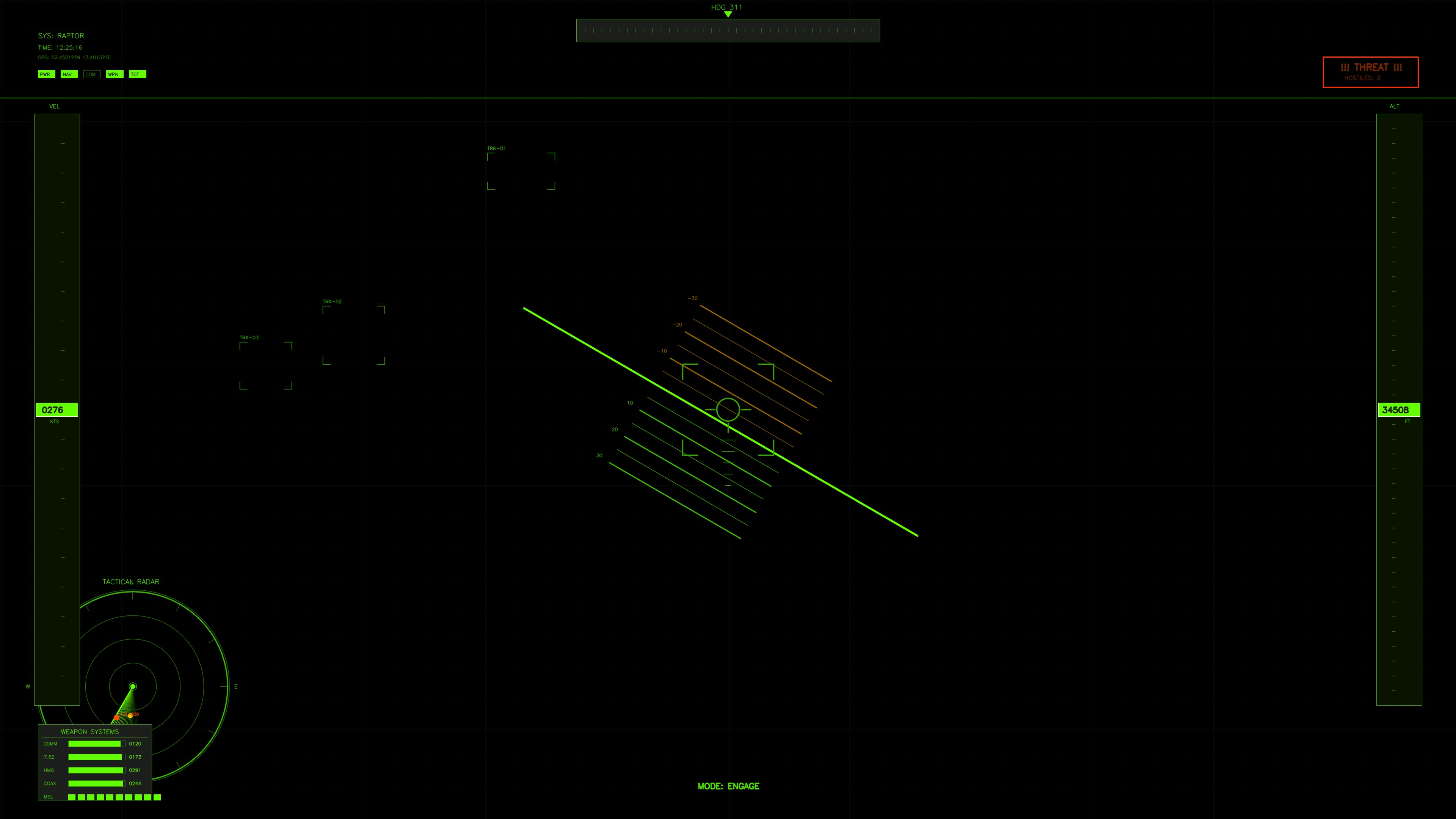 Military sci-fi cockpit display showing tactical map and combat indicators for war documentaries and educational content