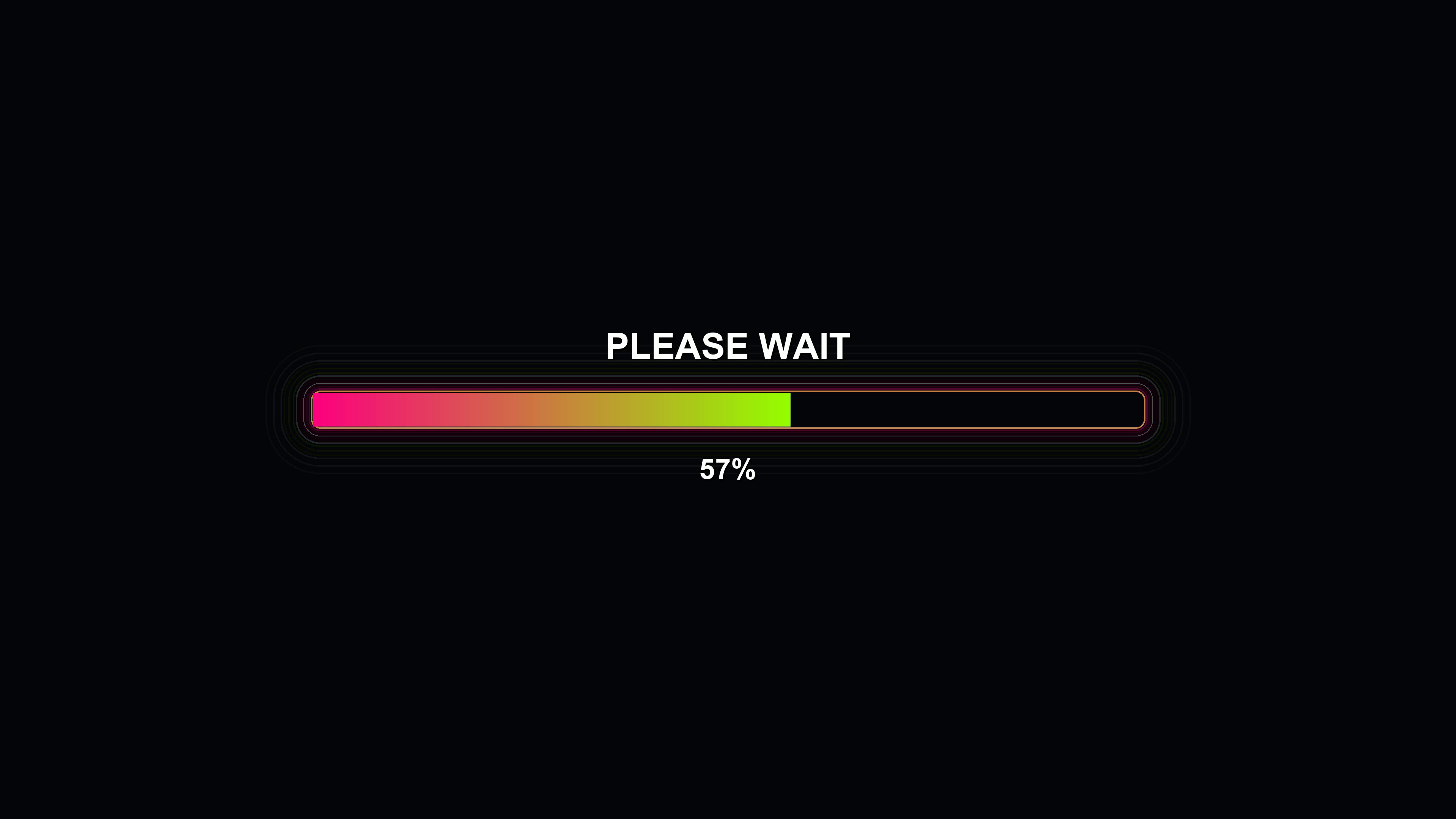 Modern progress bar animation shows colorful filling with text that instructs viewers to please wait and indicates completion at one hundred percent