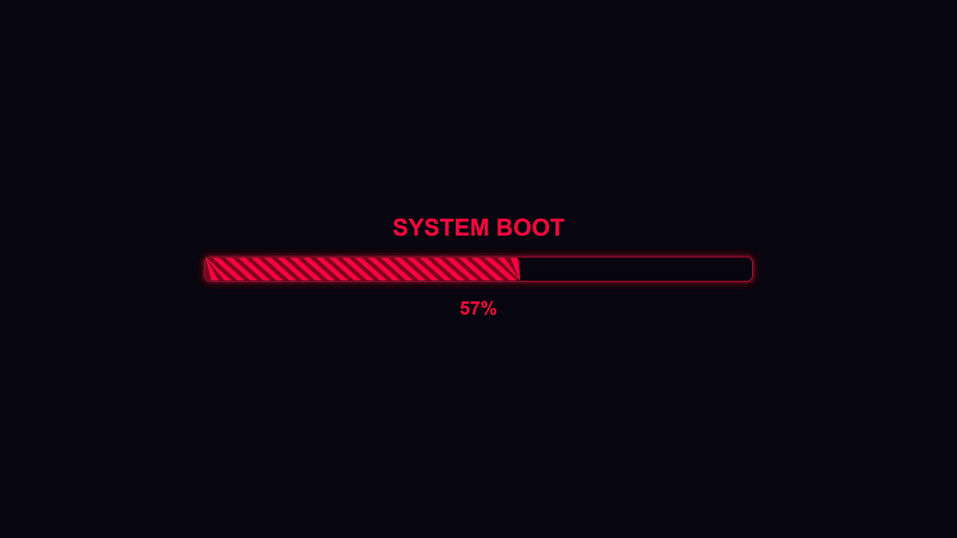 Modern style progressbar animation shows system boot at full completion with red design elements on a dark background