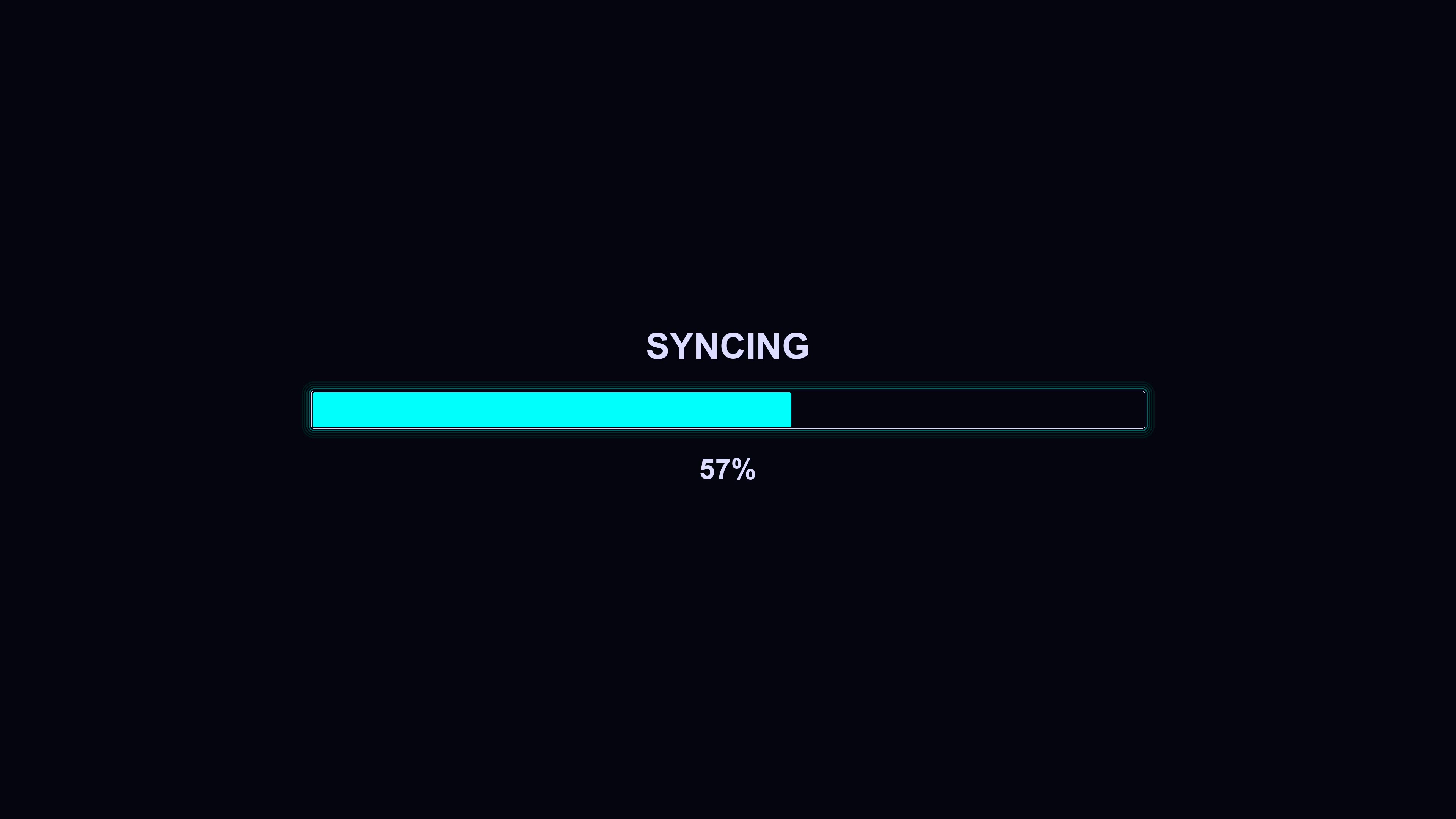 Progress bar animation showing syncing process reaching completion on a dark background with a simple design