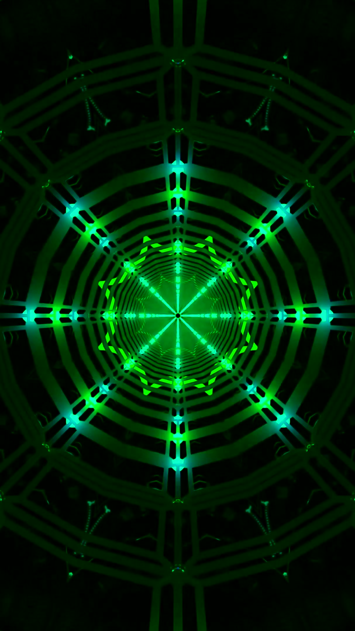Seamless tunnel video loop with bright green and blue lights refl