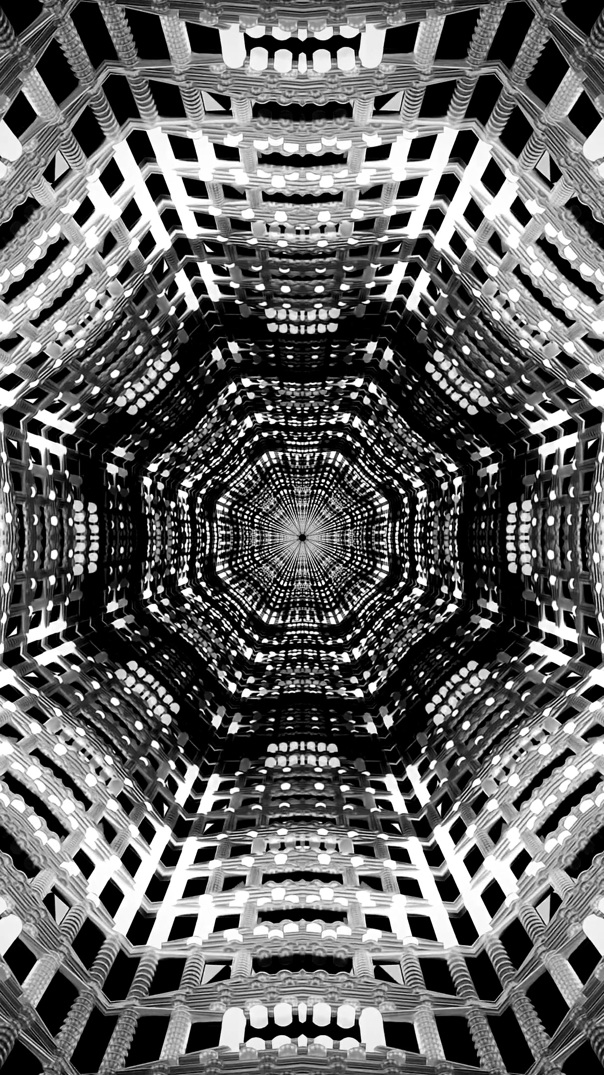 Seamless tunnel video loop with intricate patterns and black and white design for captivating screensaver experience