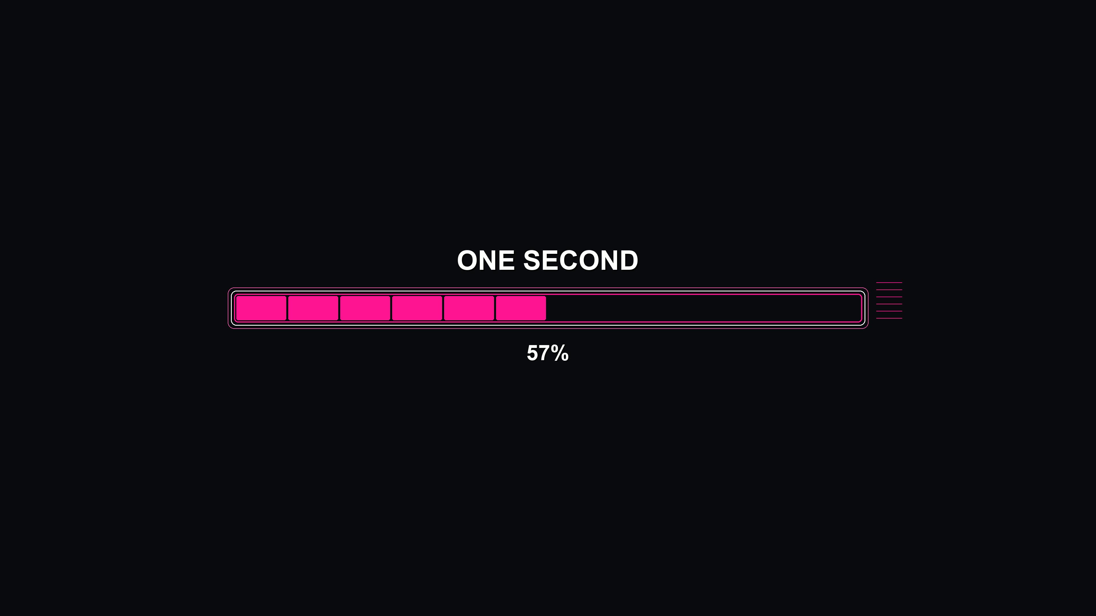 Display of science fiction loading bar showing progress for one second at 100 percent in a dark background