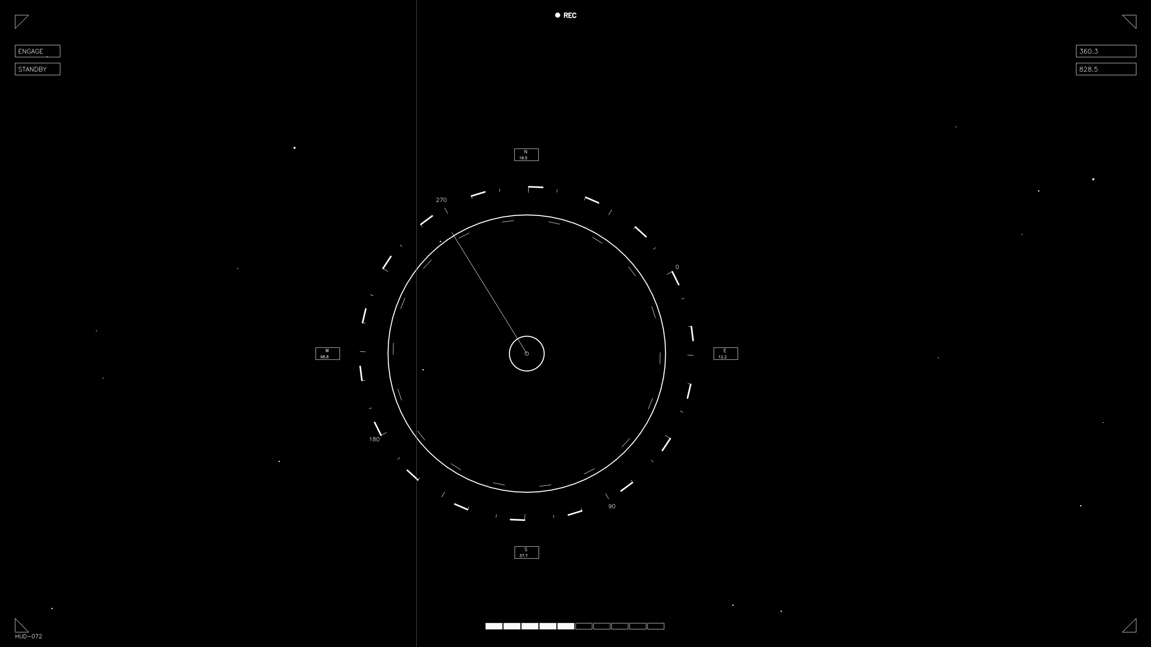 Hud elements animation for web design and sci-fi video creation showing circular diagram and data points in black and white