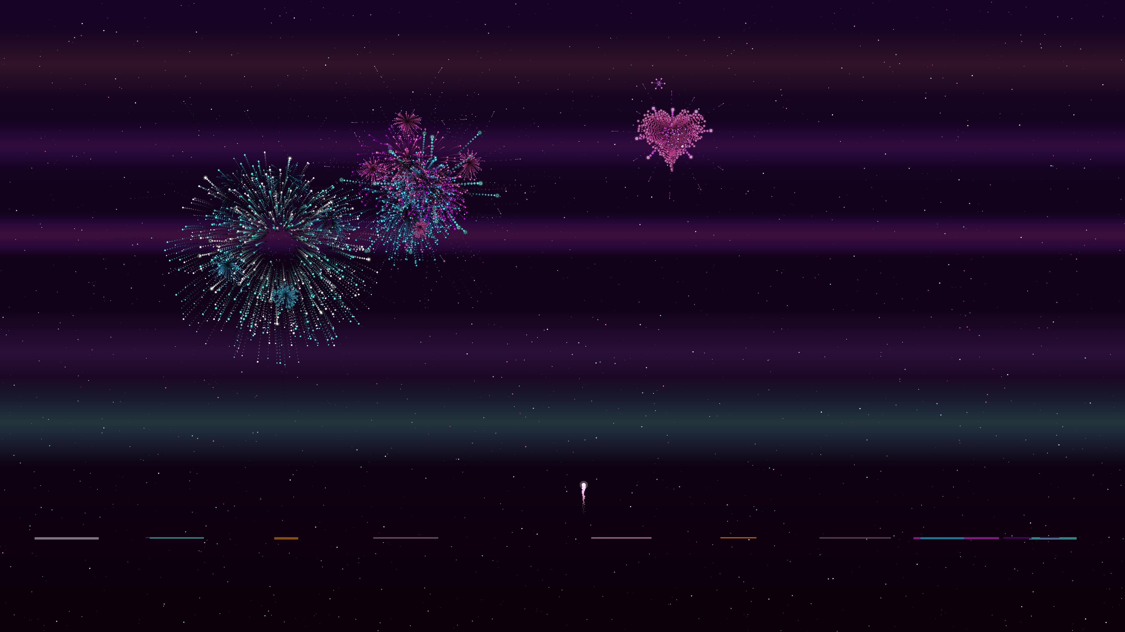 Valentines day fireworks with heart shapes in the night sky above a dark background for celebration and love