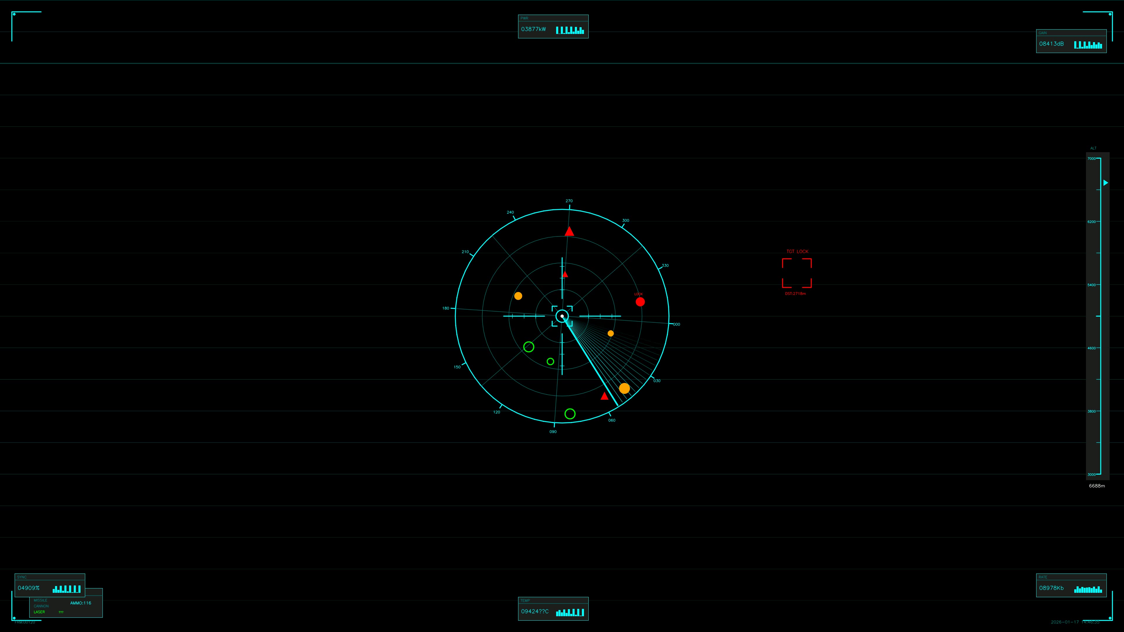 Military GUI war stock footage showing HUD animation for science fiction production featuring various radar signals and indicators